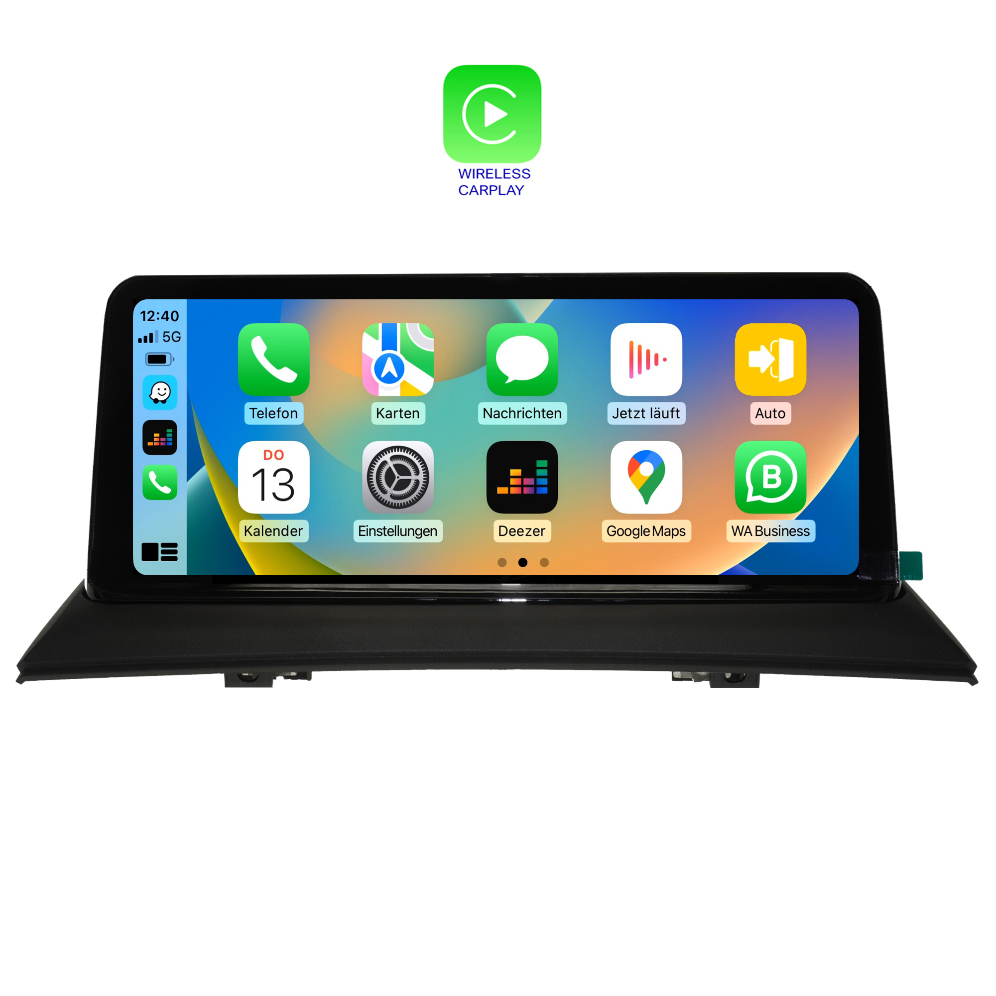 Auto-Display mit App-Symbolen, Wireless CarPlay Logo. Schwarzer Bildschirm, Telefon- und Navigationssymbole sind sichtbar.