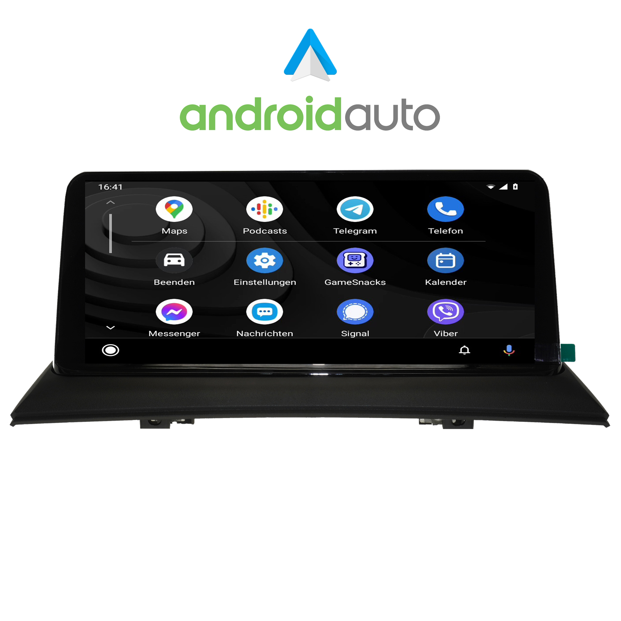 Android Auto-Bildschirm mit App-Symbolen für Maps, Podcasts, Telegram und andere auf einem schwarzen Armaturenbrett.