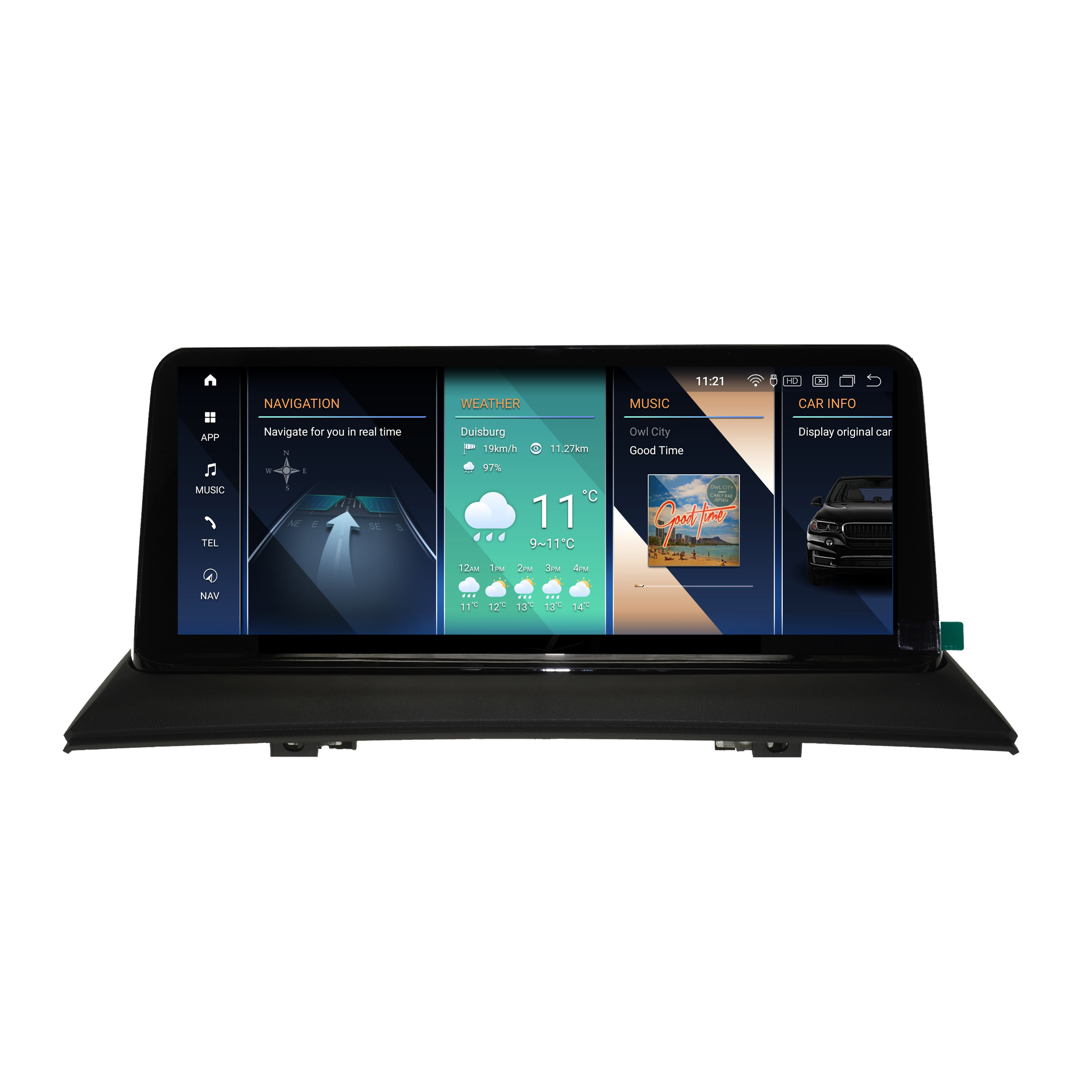 Auto-Multimediabildschirm mit Navigation, Wetter, Musik und Fahrzeuginformationen.