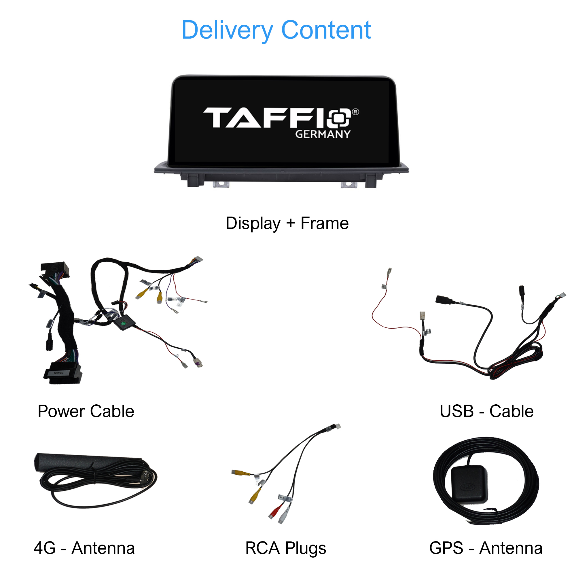 Komponenten des Car-Audiosystems: Display, Kabel, Antenne und Stecker auf Weiß.
