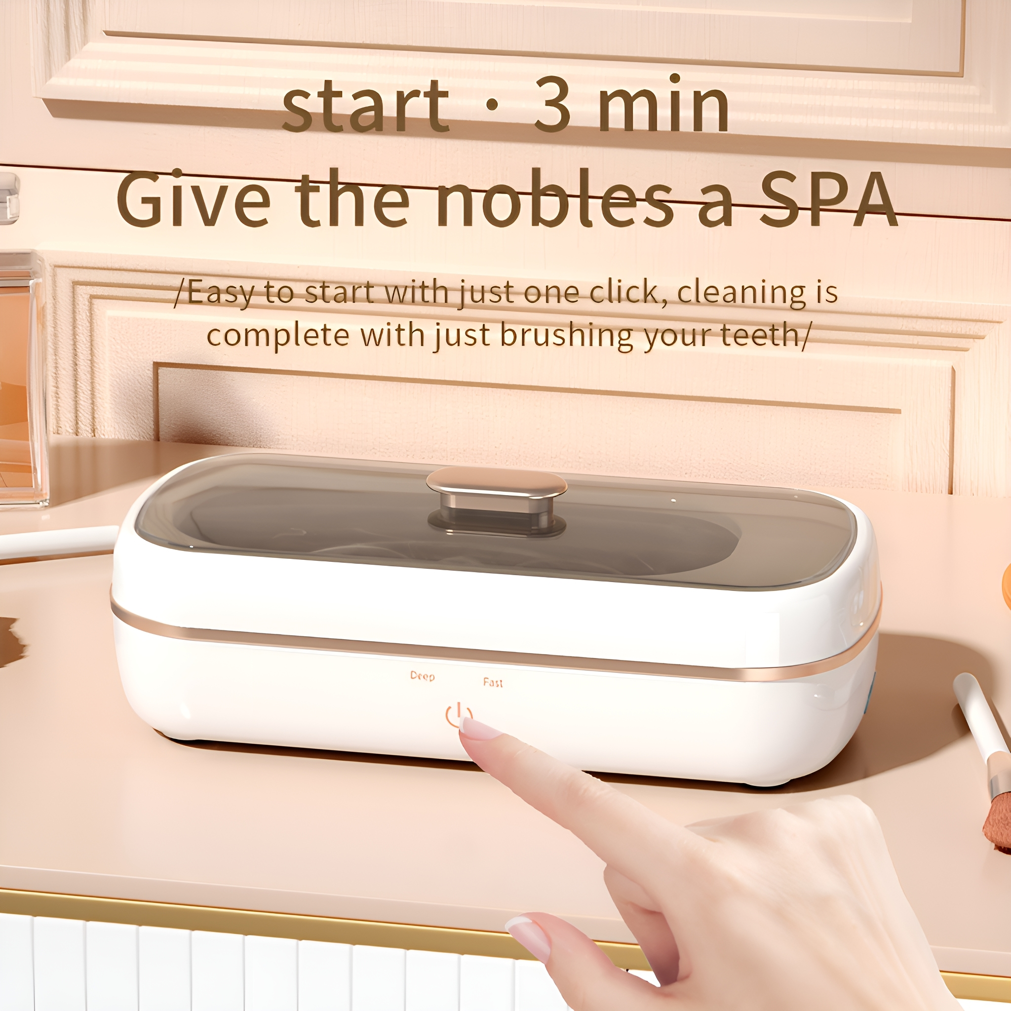 Eine Hand berührt ein weißes und goldenes Gerät. Text: 'Give the nobles a SPA'.