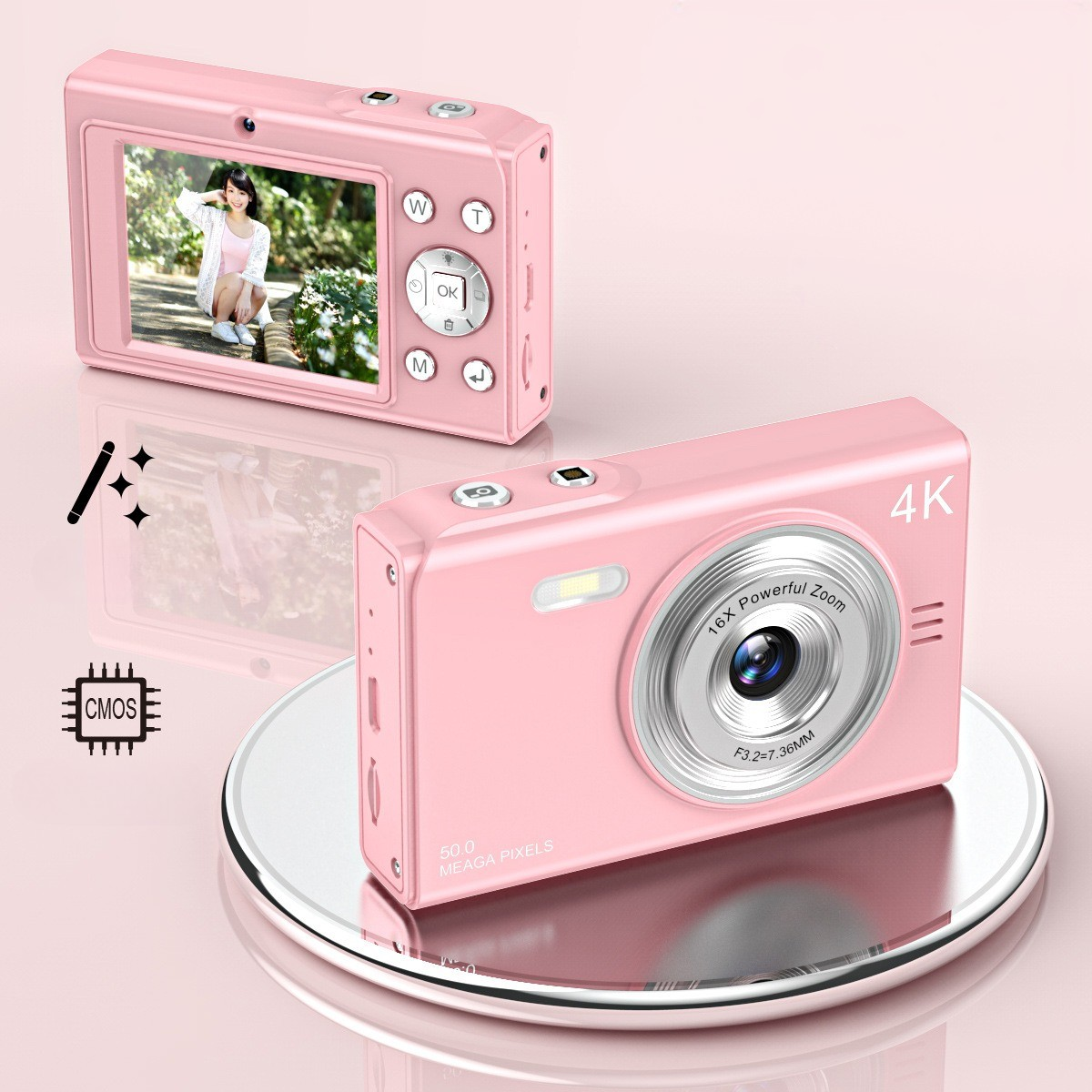 Eine rosa Digitalkamera mit silbernem Objektiv. Zeigt ein Foto auf dem Bildschirm. Es ist eine 4K Kamera.