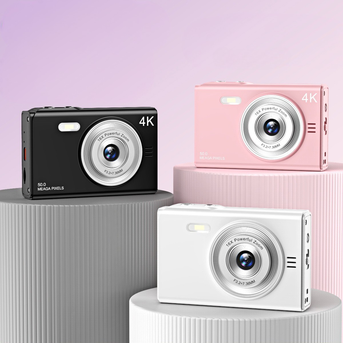 Drei Kameras, schwarz, rosa und weiß, auf rosa und weißem Untergrund.