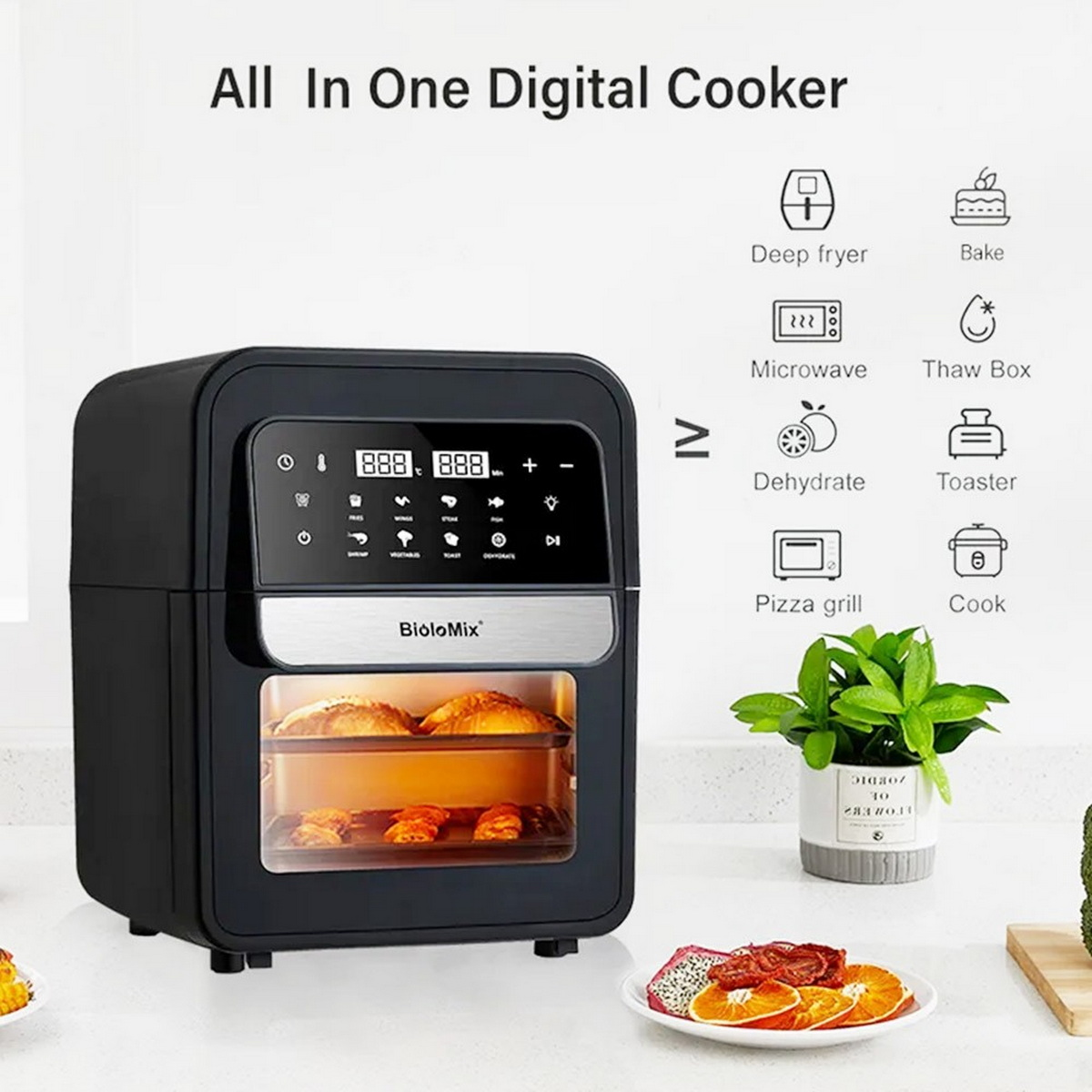 Fornello digitale all-in-one nero con varie opzioni di cottura, che mostra un vassoio di cibo.