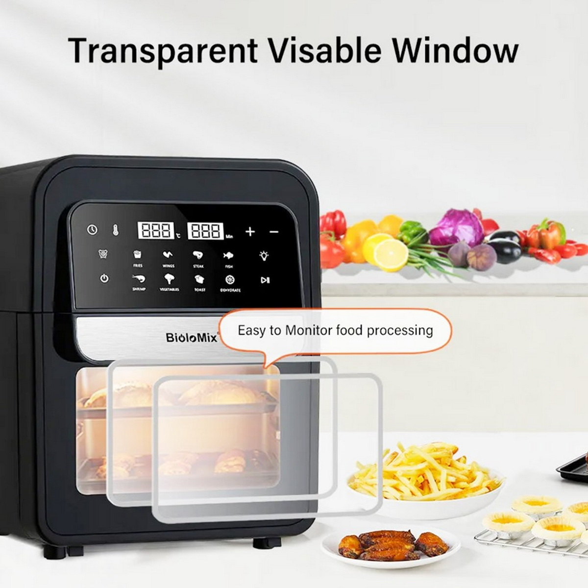Friggitrice ad aria nera con display digitale, che mostra il cibo all'interno. Testo: Easy to Monitor food processing.