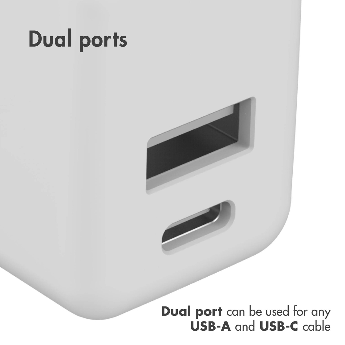 Witte adapter met dubbele poorten: USB-A en USB-C. Tekst geeft compatibiliteit aan.