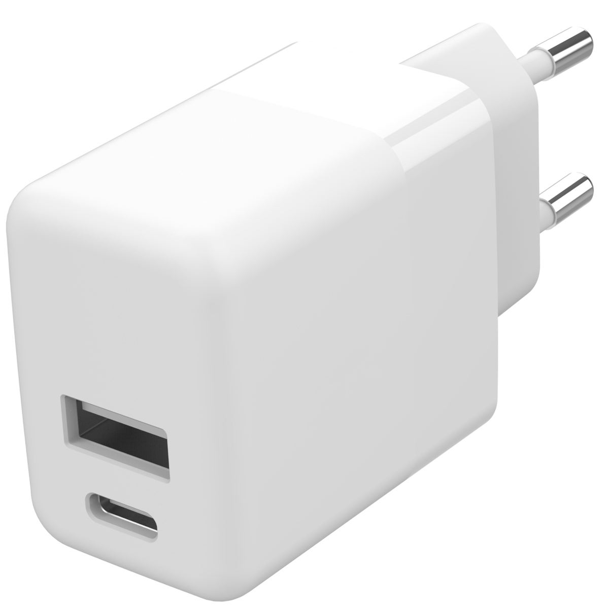Een witte voedingsadapter met een USB- en een USB-C-poort. Hij heeft twee pinnen om in te steken.