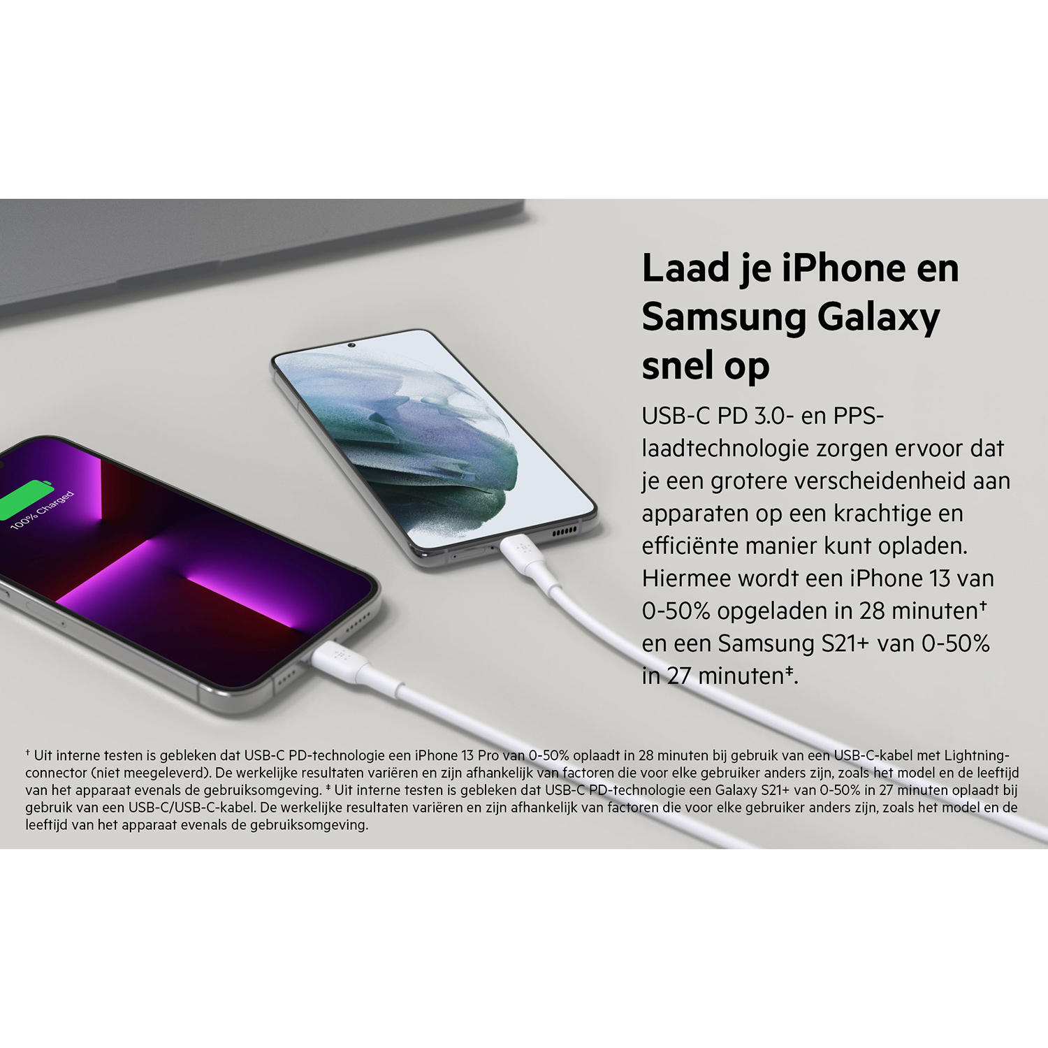 Zwei Telefone laden mit weißen Kabeln, begleitet von Text über schnelles Laden auf weißem Hintergrund.