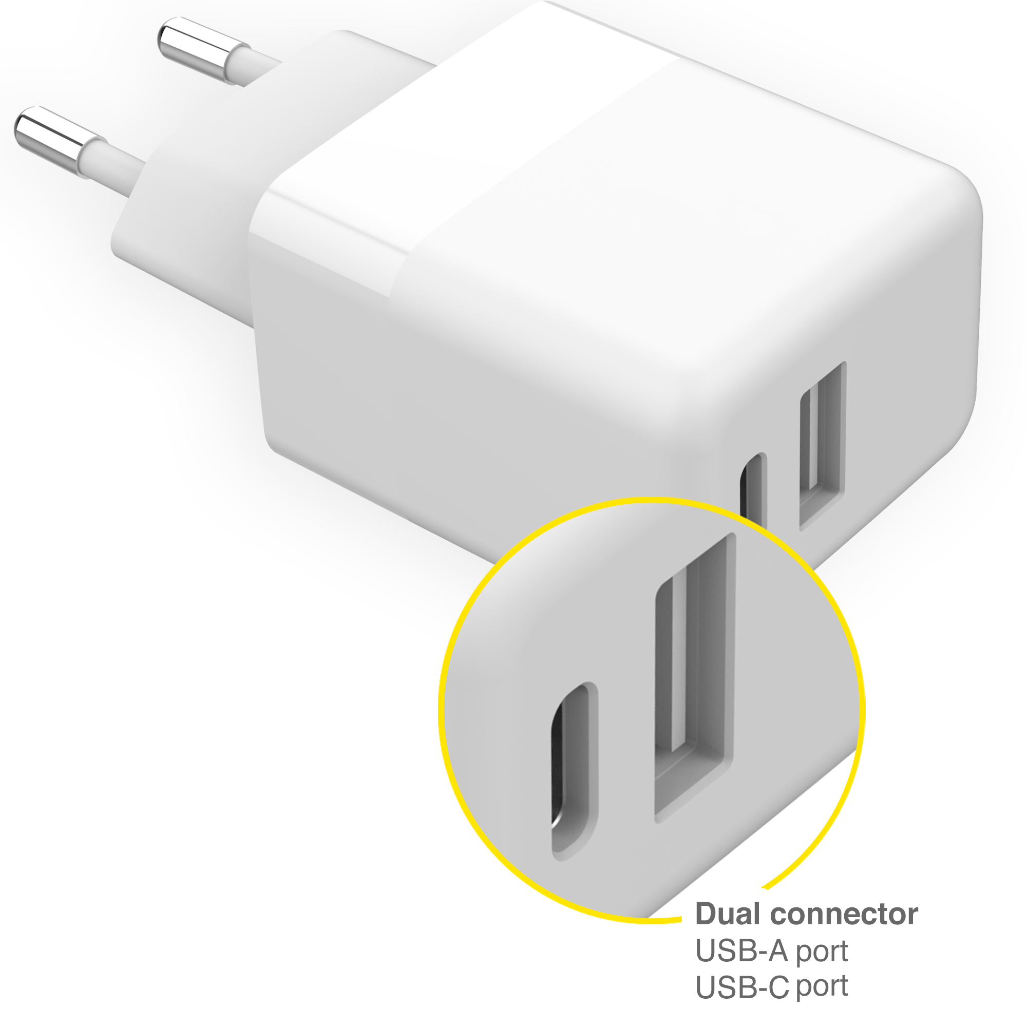 Witte telefoonlader met dubbele USB-poorten, één USB-A en één USB-C, gemarkeerd.