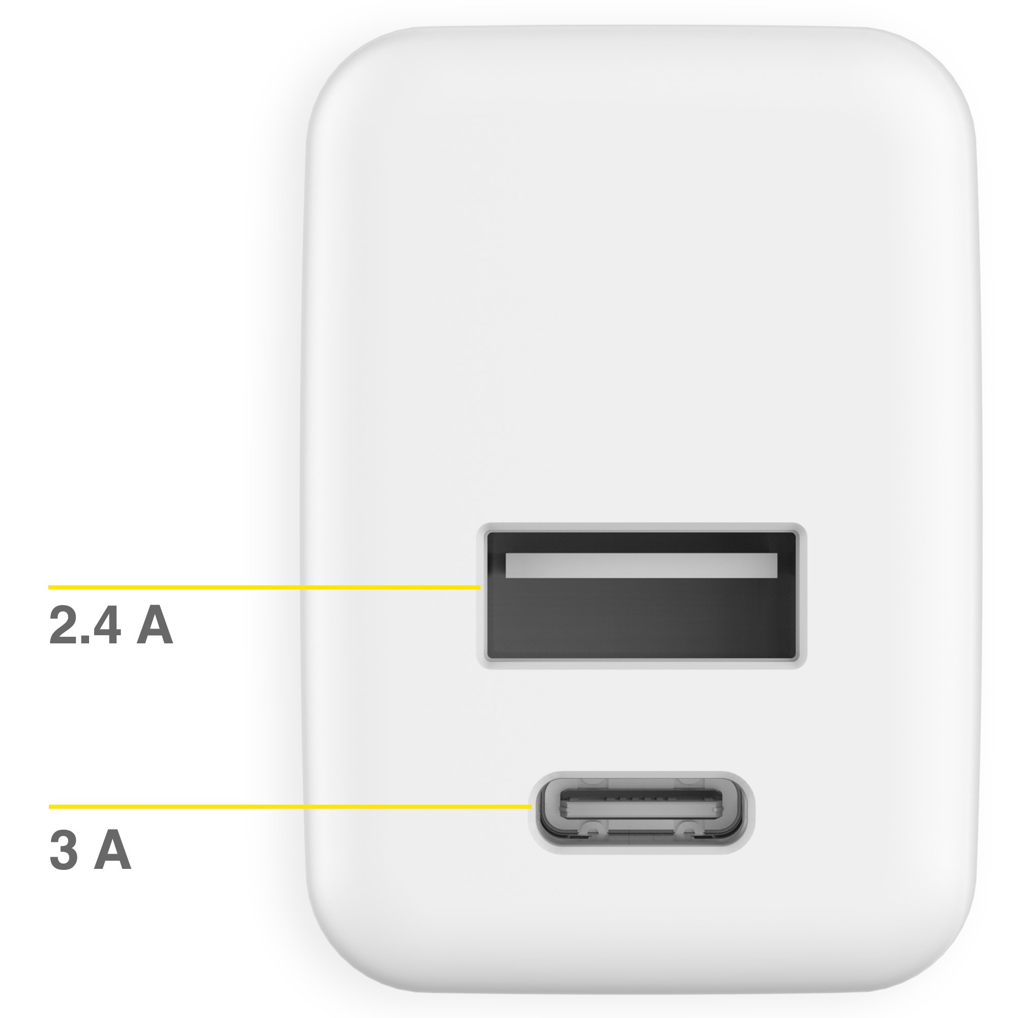 Witte USB-lader met poortdetails: USB-A bij 2,4 A en USB-C bij 3 A. Witte achtergrond.