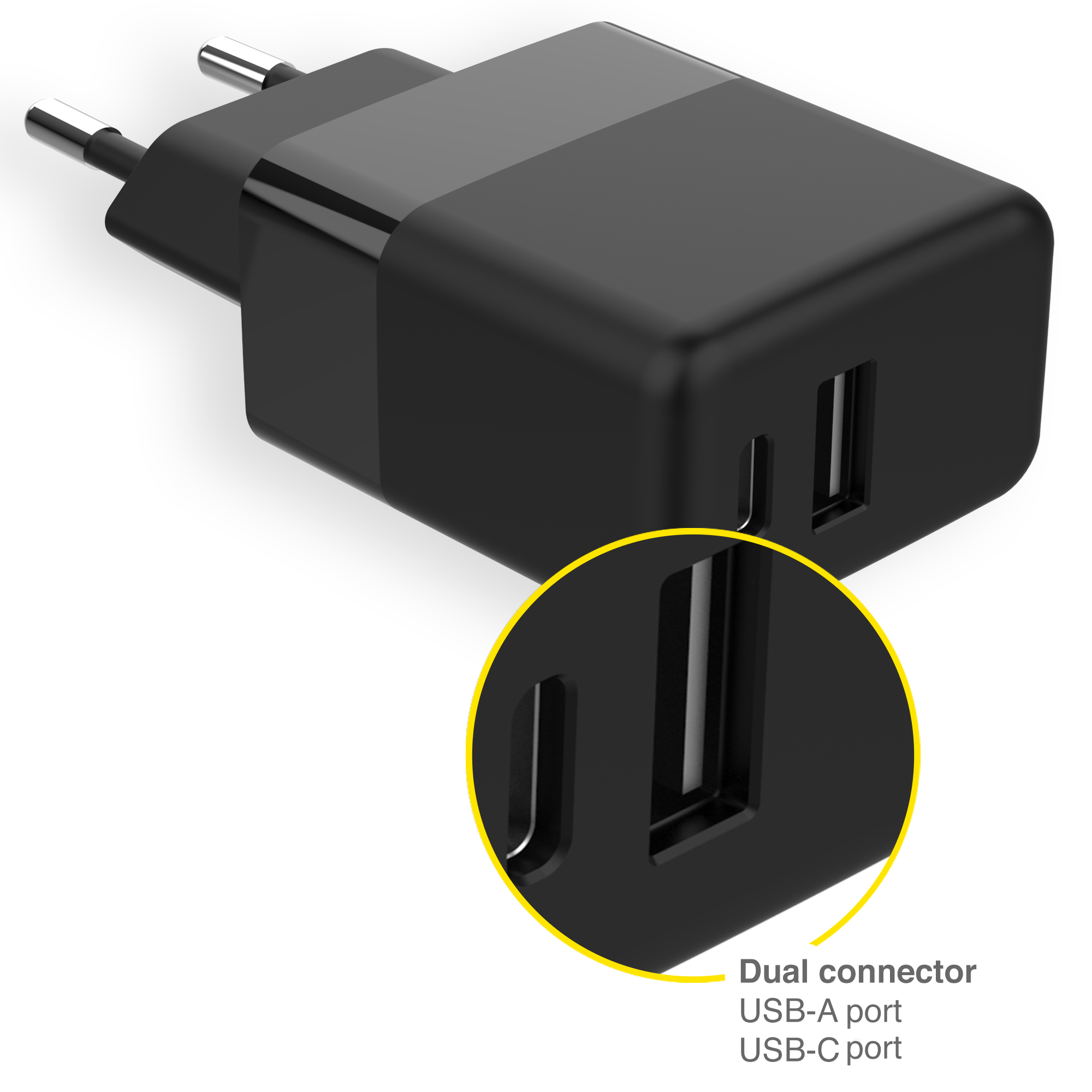 Een zwarte oplader met twee USB-poorten en een USB-C-poort.