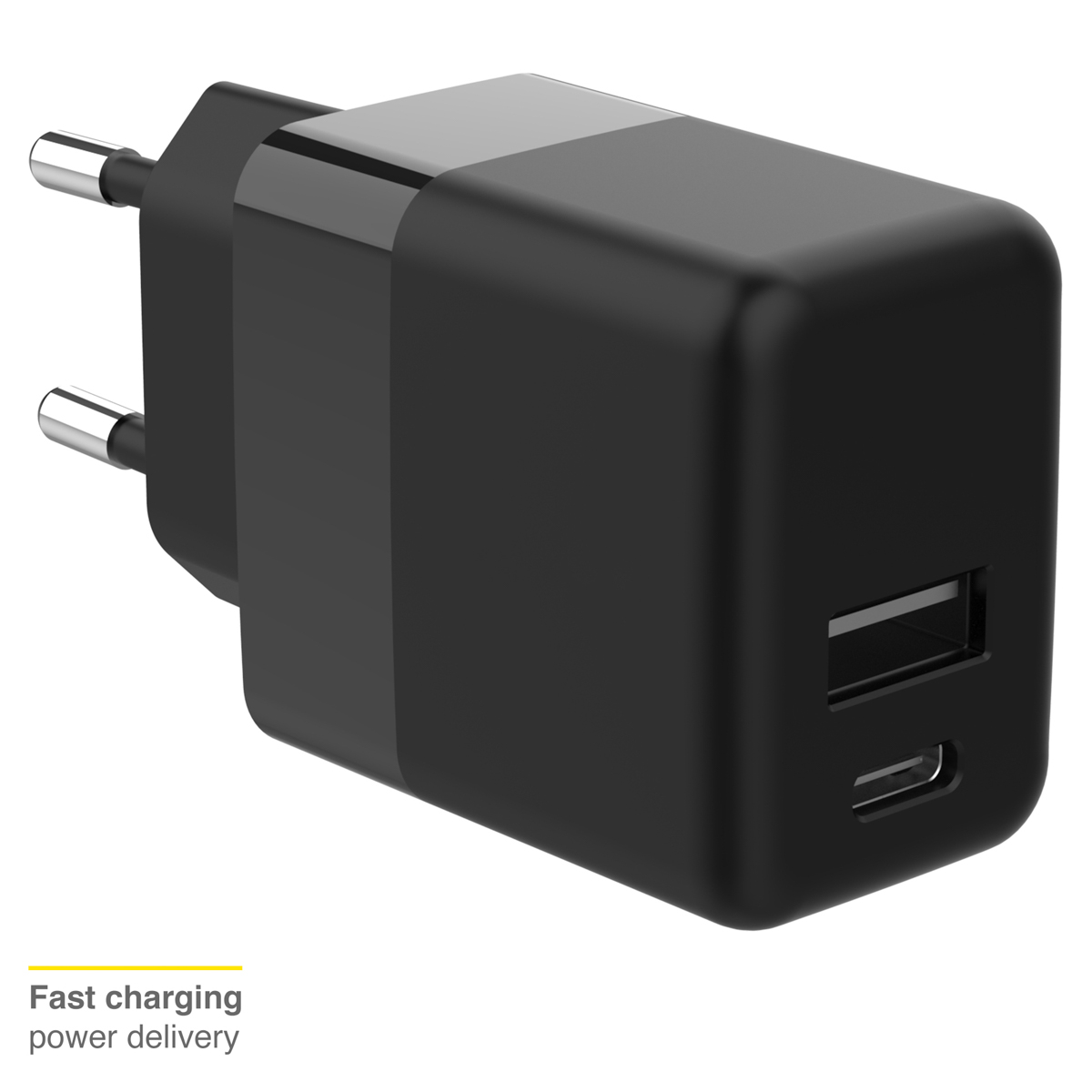 Zwarte oplader met een USB-A- en een USB-C-poort. Witte achtergrond.