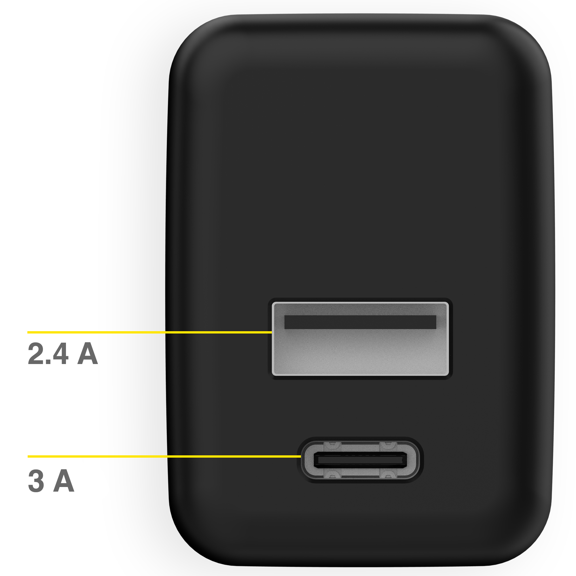 Zwarte lader met een USB-A- en een USB-C-poort. Tekst geeft de ampère van elke poort aan.