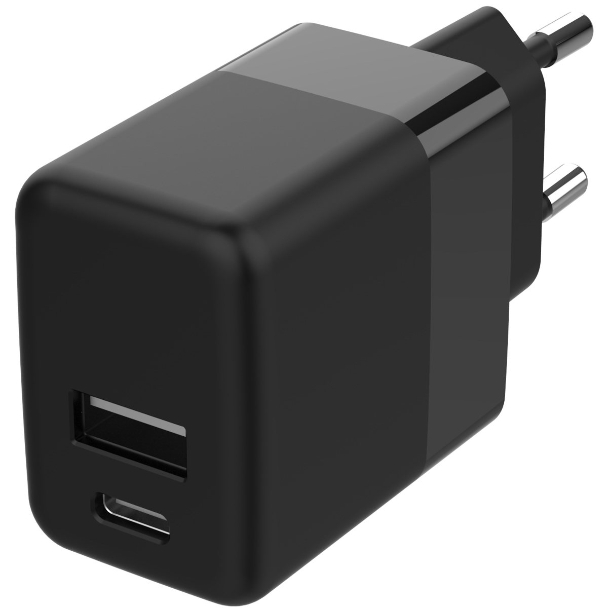 Ein schwarzes USB-Ladegerät mit USB- und USB-C-Anschlüssen.