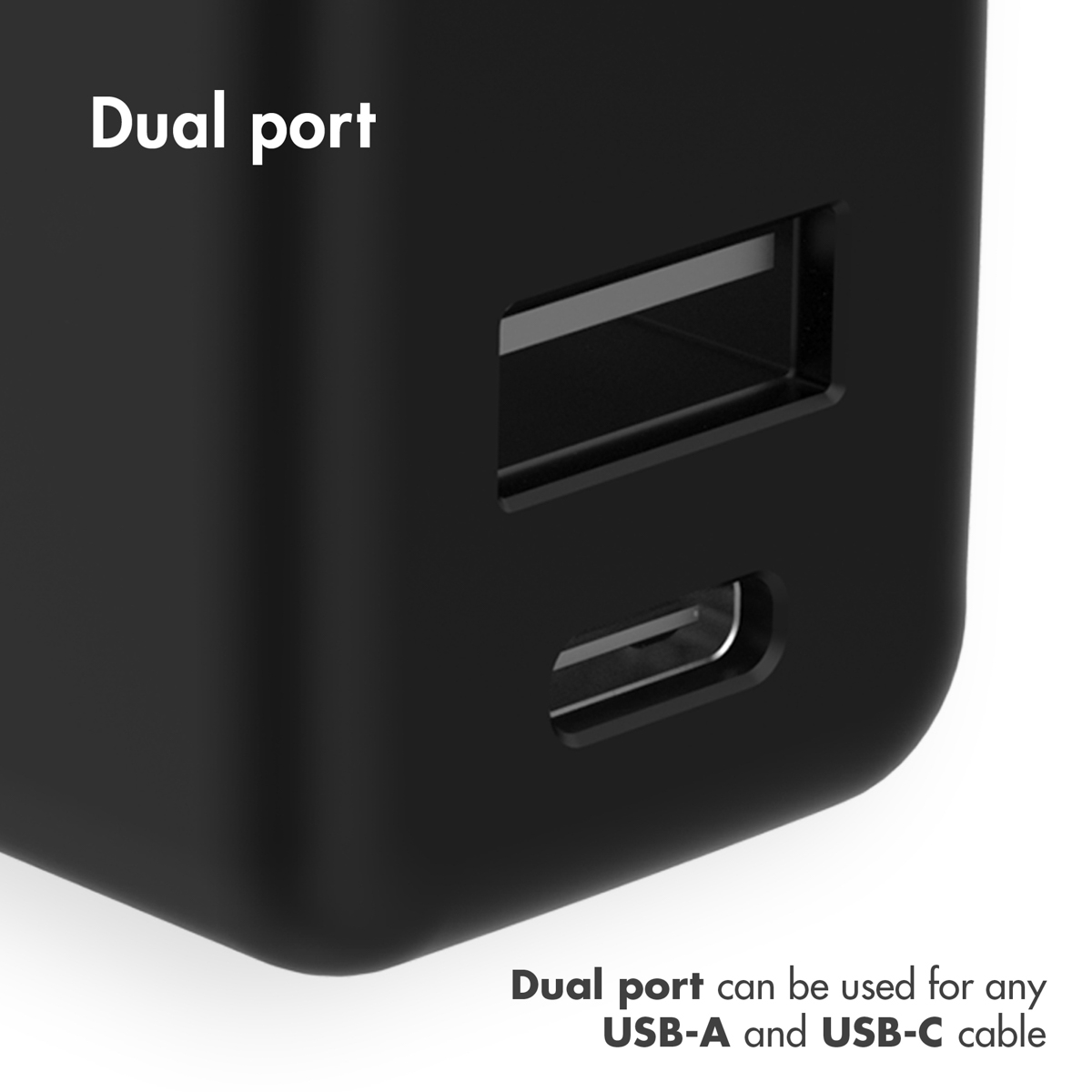 Schwarzes Netzteil mit USB-A- und USB-C-Anschlüssen. Text weist auf Kompatibilität hin.