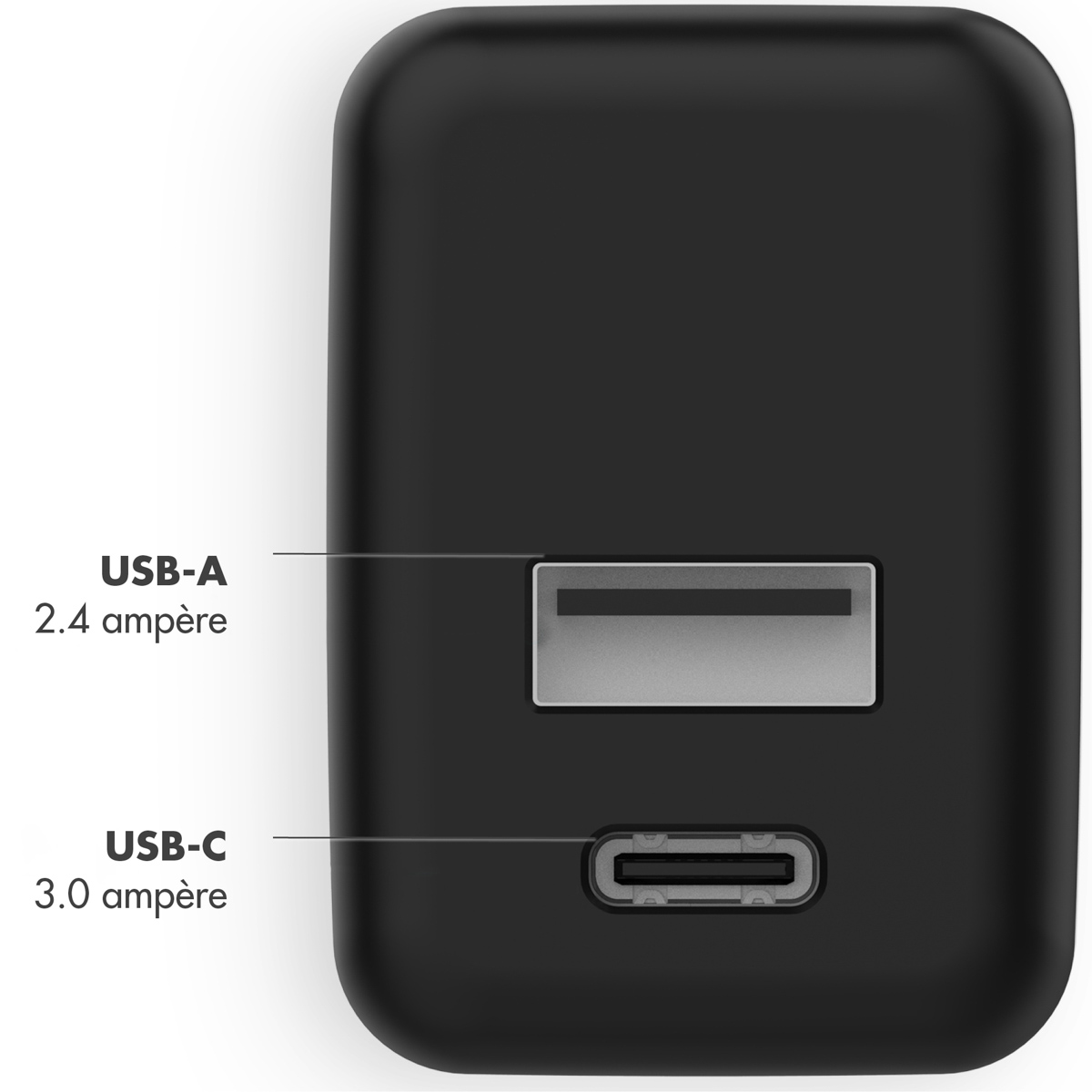 Schwarzes Ladegerät mit USB-A- und USB-C-Anschlüssen, Amperestärke angegeben.