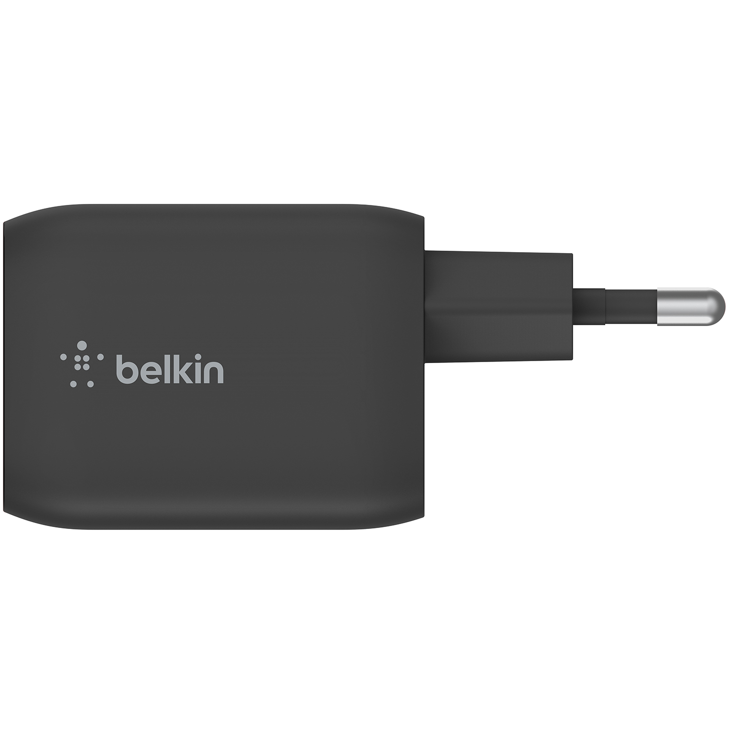 Cargador Belkin negro con enchufe de carga. Logotipo de Belkin en el lado.