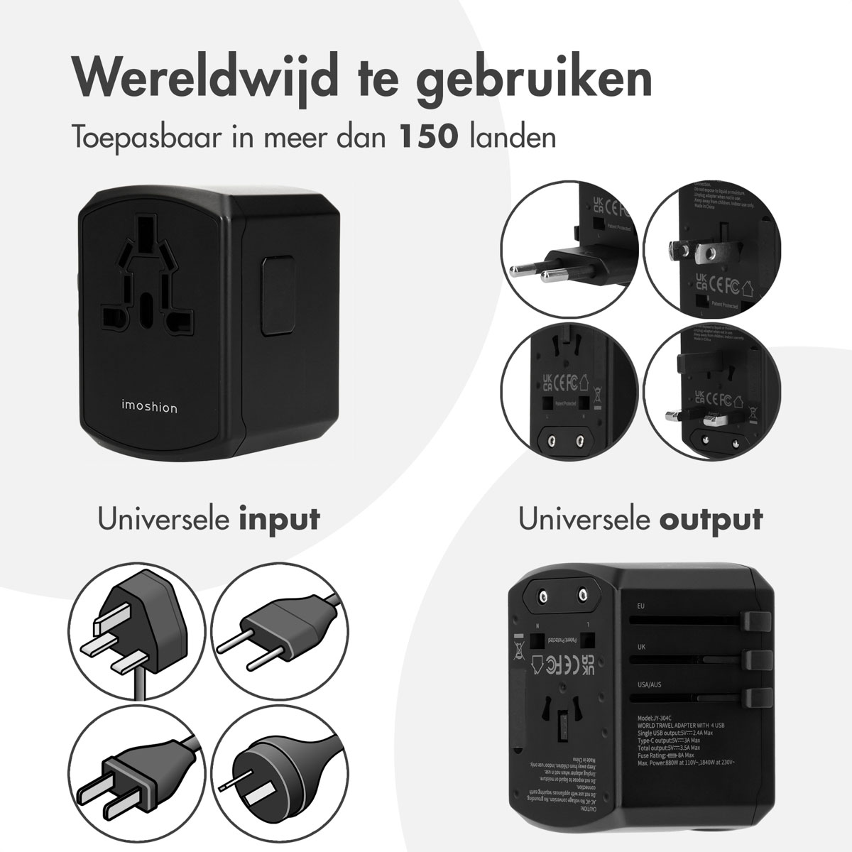 Zwarte universele adapter met verschillende stekker types en diagrammen die verschillende stekker configuraties tonen.