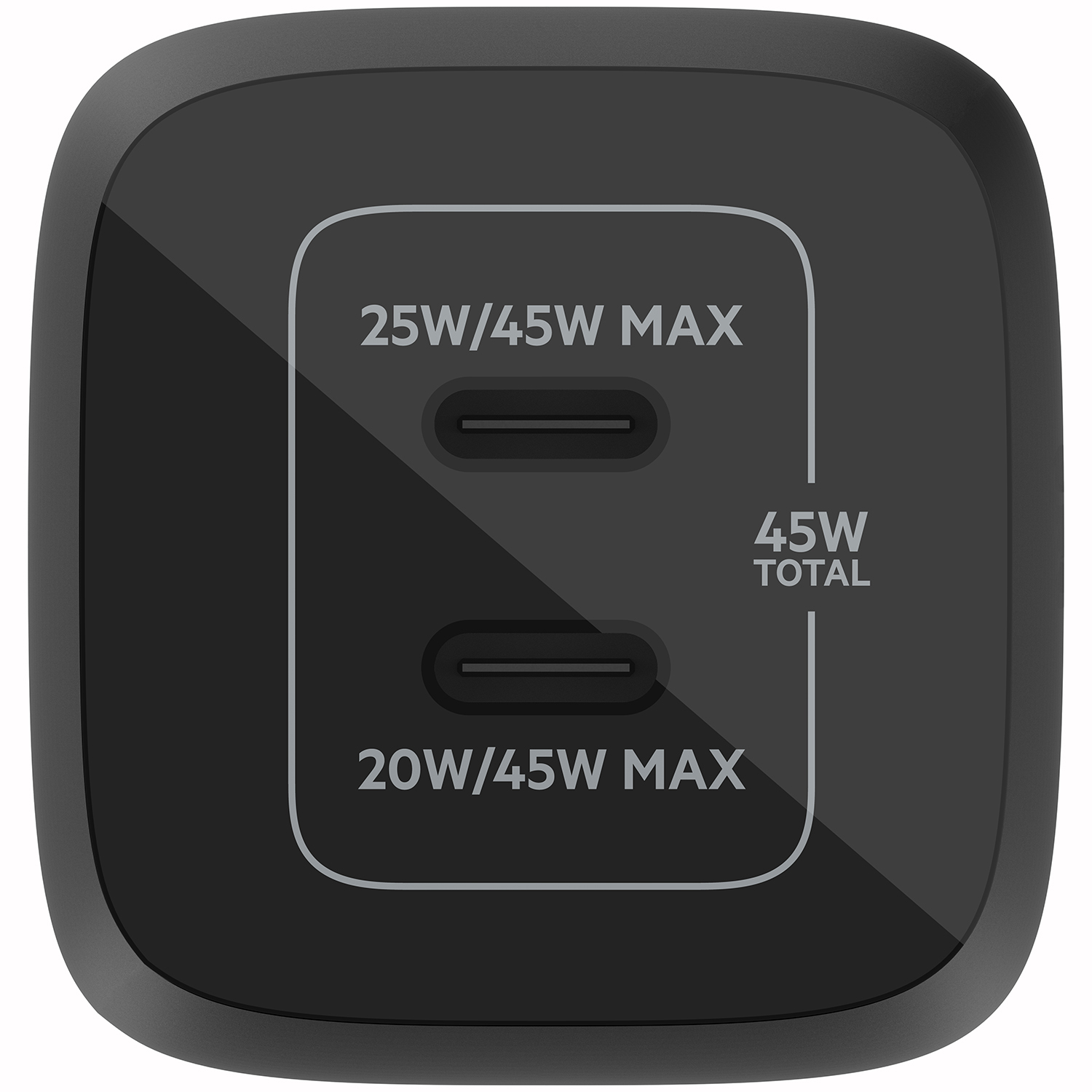 A black power adapter with two USB-C ports, labeled 25W/45W MAX and 20W/45W MAX. The total output is 45W.