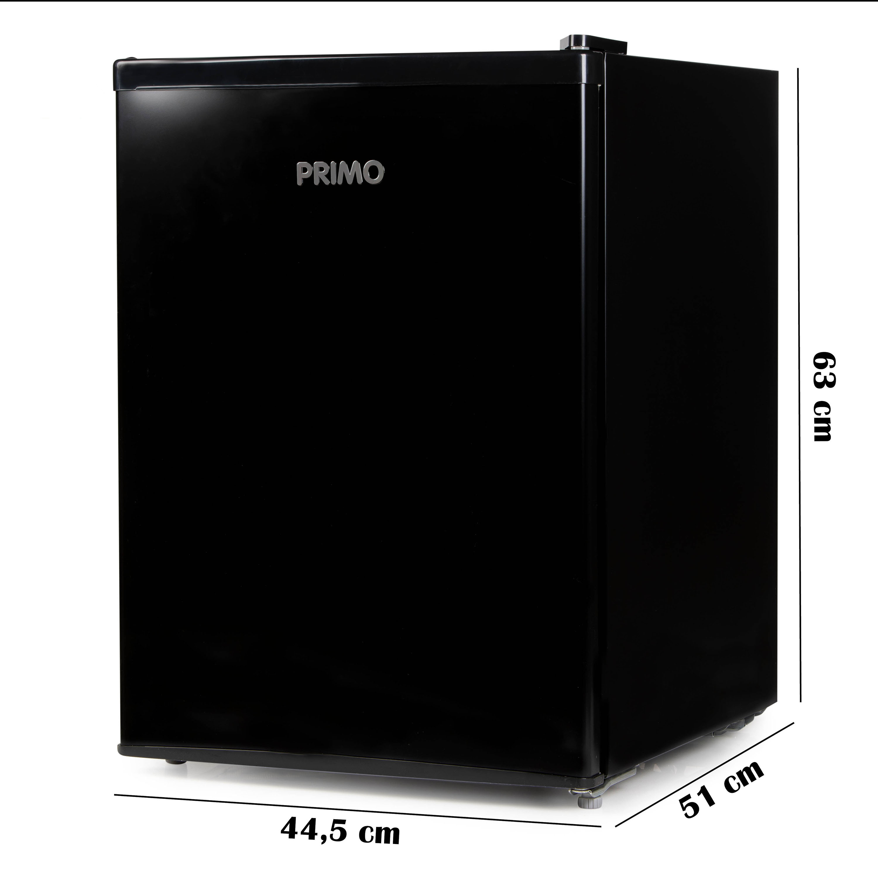 Black Primo mini-fridge with dimensions labeled: 44.5cm, 51cm, and 63cm. The Primo logo is visible on the door.