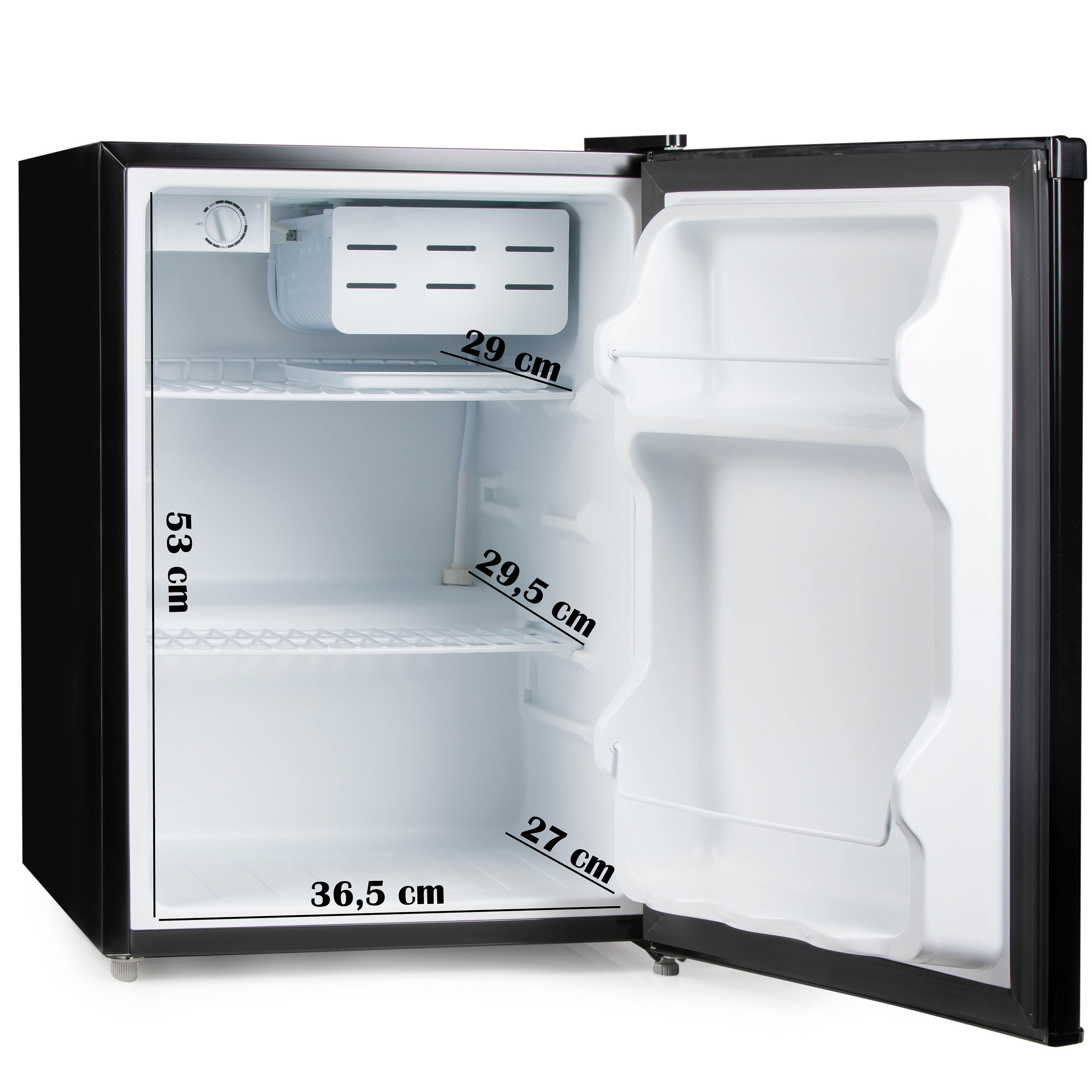 Black mini fridge with open door, showing shelves and measurements.