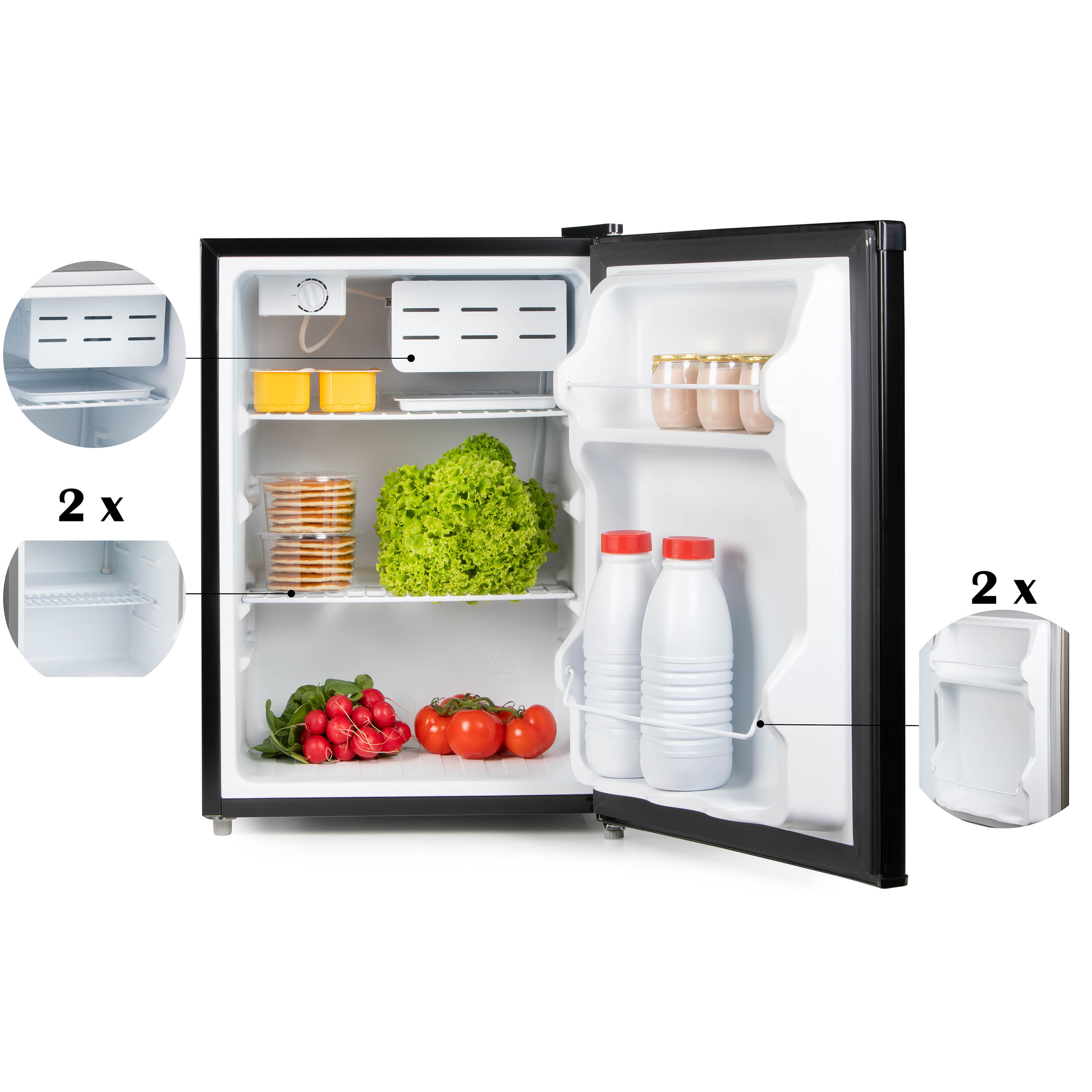 Mini fridge with open door, showing produce: lettuce, tomatoes, radishes, yogurt, and juice.