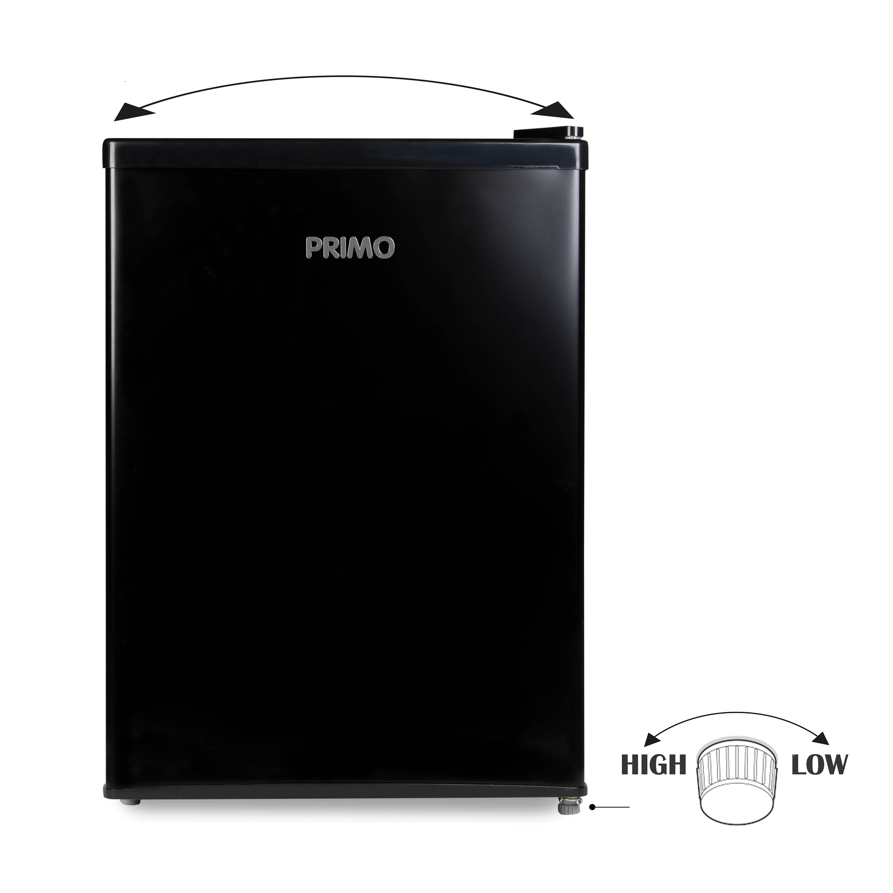 Black mini fridge with the word PRIMO on the front. The image is on a white background.