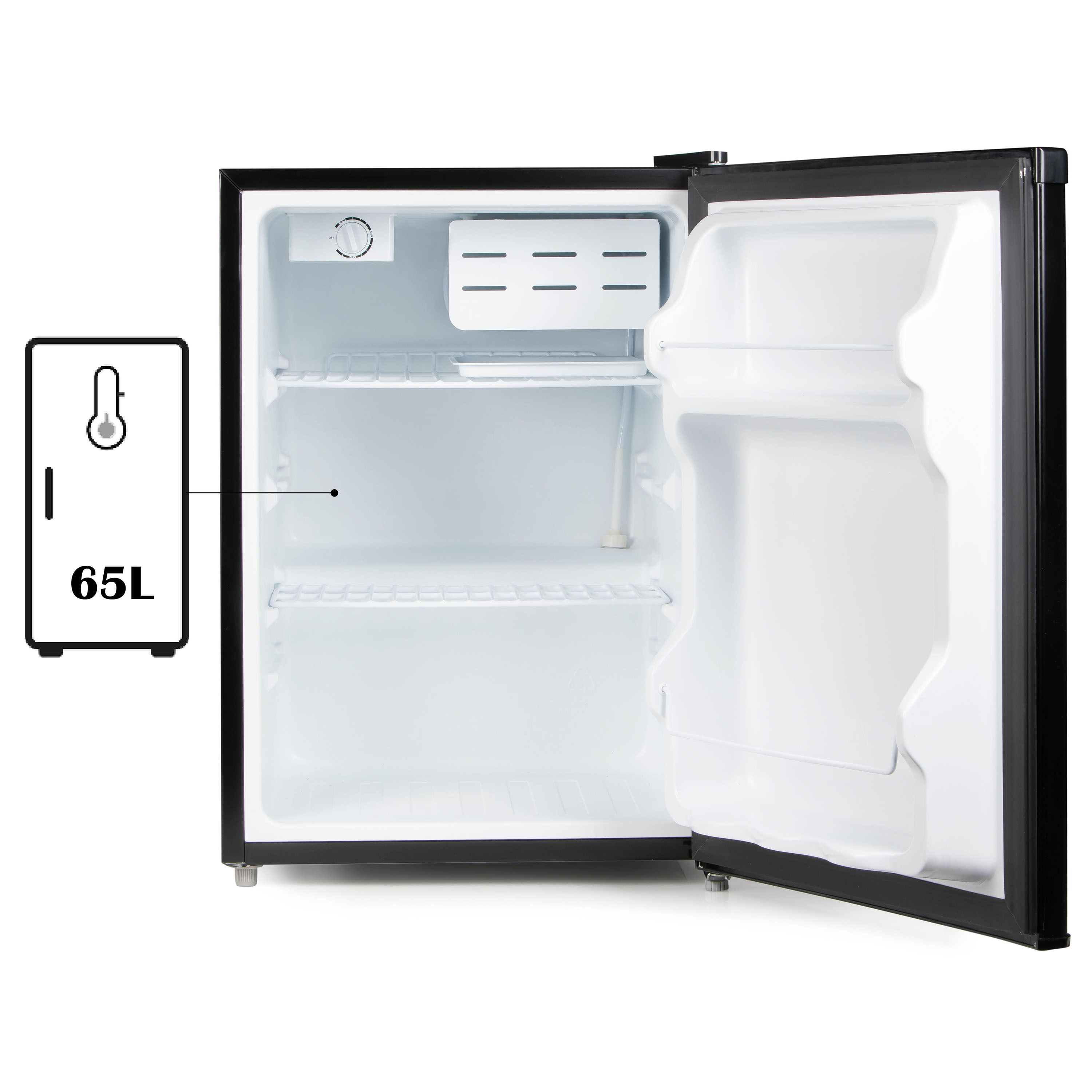 Small black refrigerator with door open, showing shelves. A sign shows 65L and a thermometer.