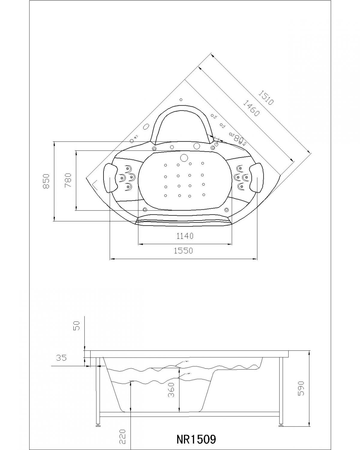 Diagramm eines Whirlpools. Draufsicht und Seitenansicht. Abmessungen sind markiert.