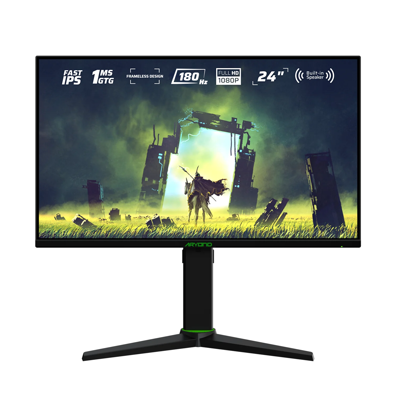 Czarny monitor gamingowy z tekstem, fantastyczna scena i czarny stojak.