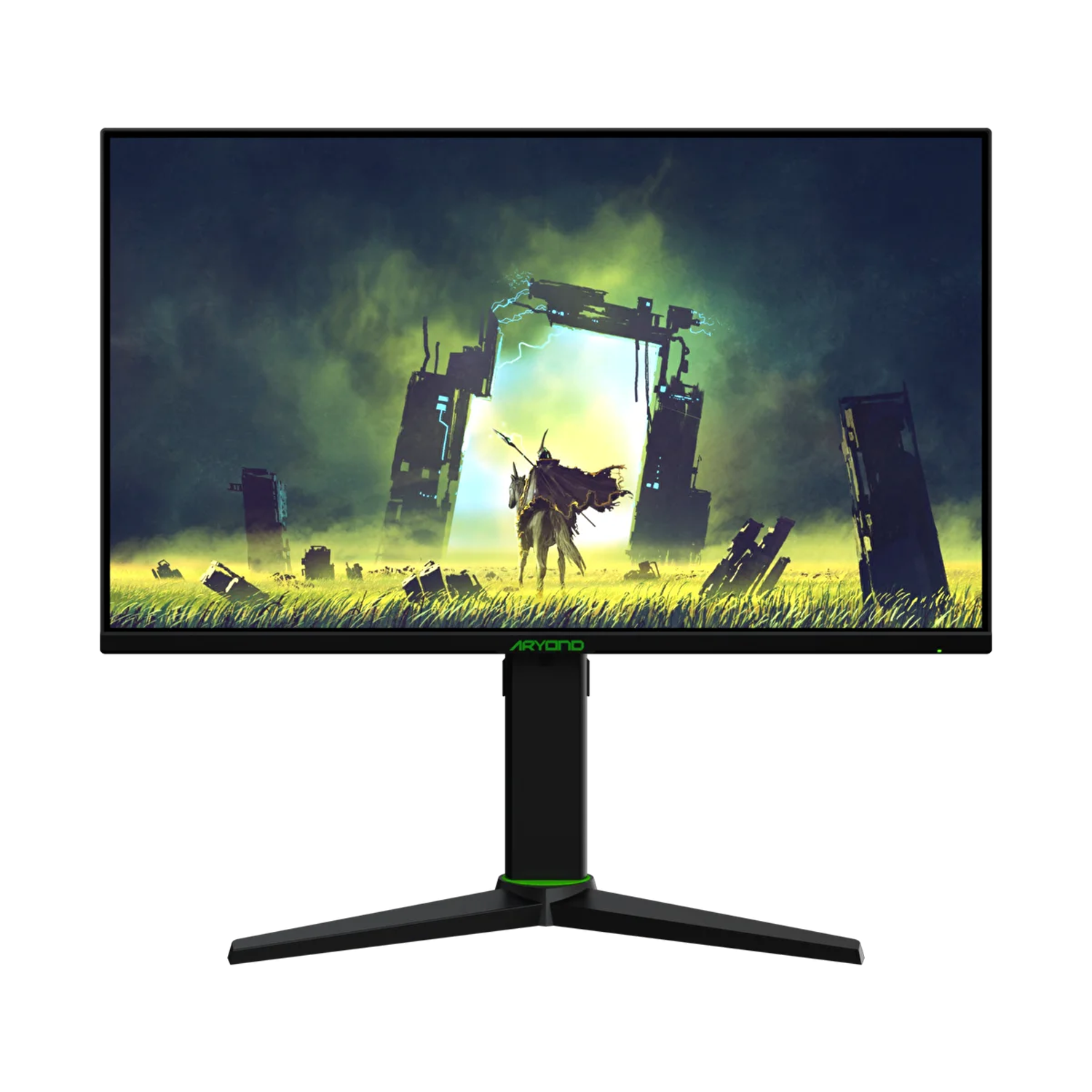 Monitor do gier wyświetlający scenę fantasy z rycerzem na koniu.