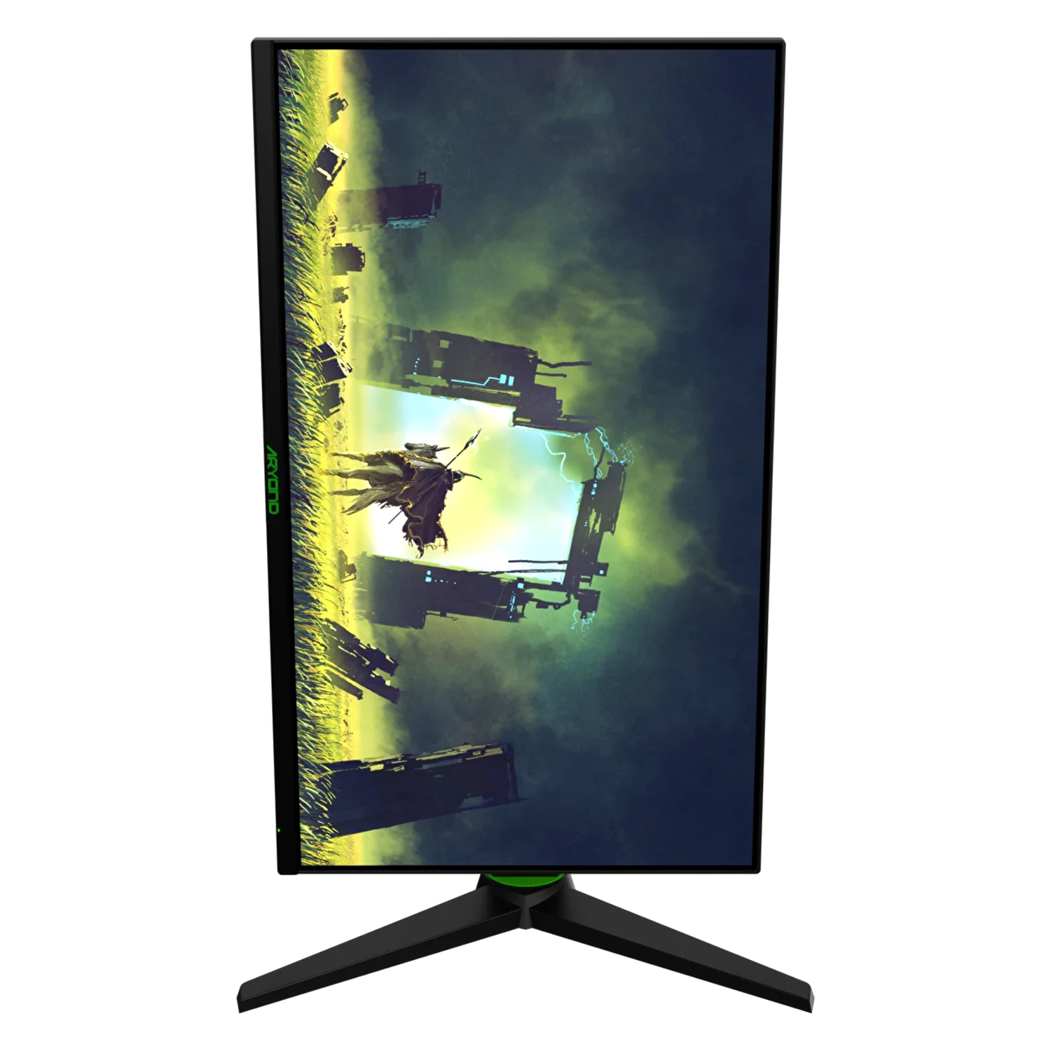 Monitor do gier. Rycerz na koniu w scenie fantasy. Zielone akcenty. Czarny stojak. Ekran jest włączony.