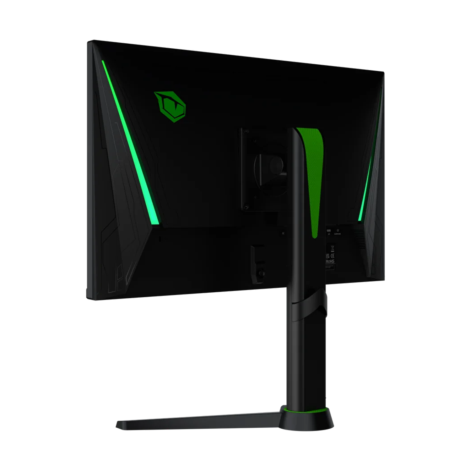 Tył czarno-zielonego monitora do gier z podstawą, logo na górze.