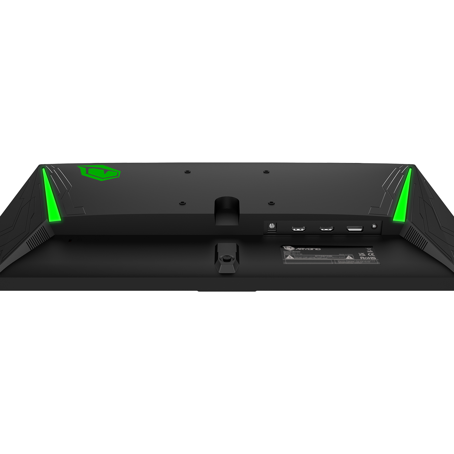 Tył czarnego monitora. Widoczne zielone akcenty i różne porty.