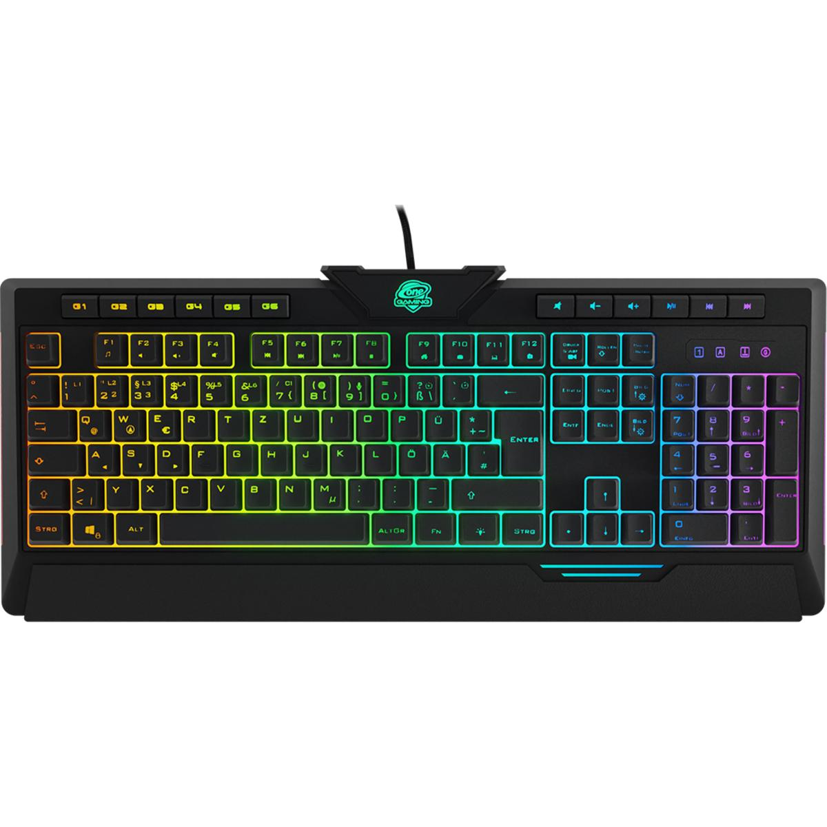 Schwarze Gaming-Tastatur mit regenbogenfarbenen Tasten. Farbige Beleuchtung.