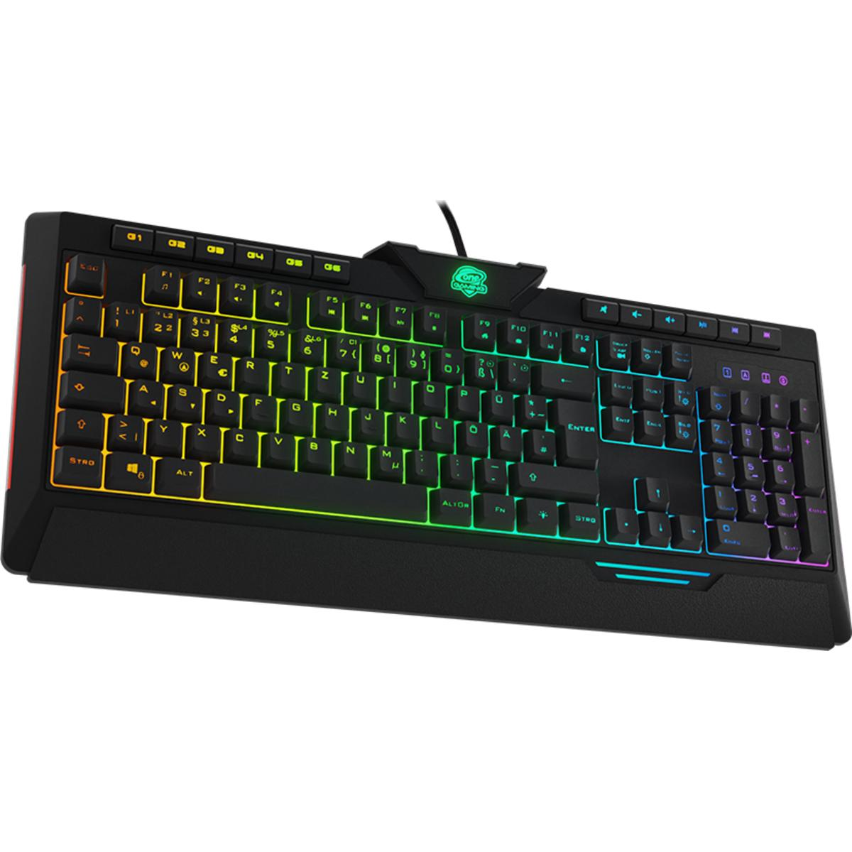 Schwarze Gaming-Tastatur mit Regenbogenbeleuchtung. Tasten sind sichtbar, oben ist ein Logo.