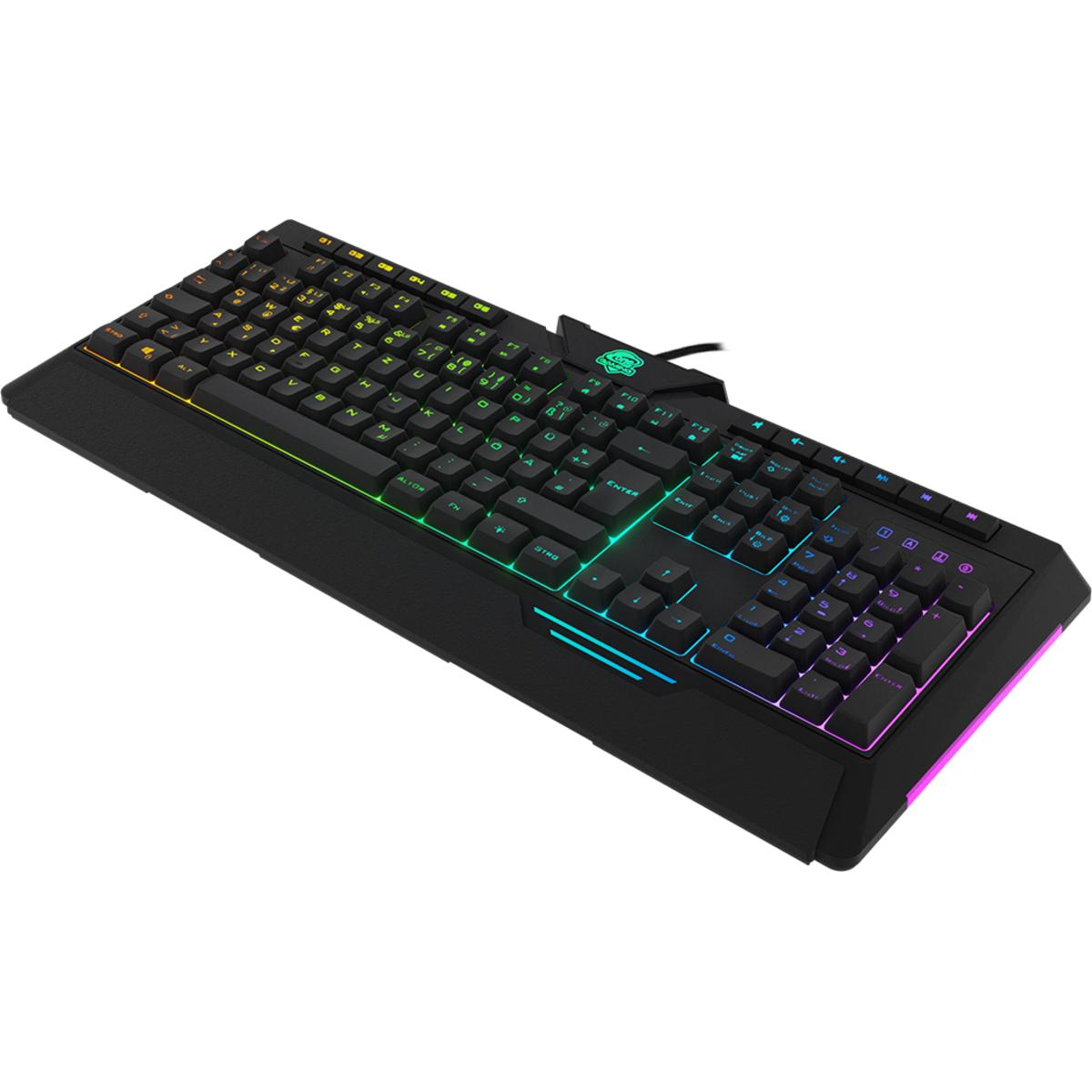 Schwarze Gaming-Tastatur mit RGB-Beleuchtung. Weißer Hintergrund.