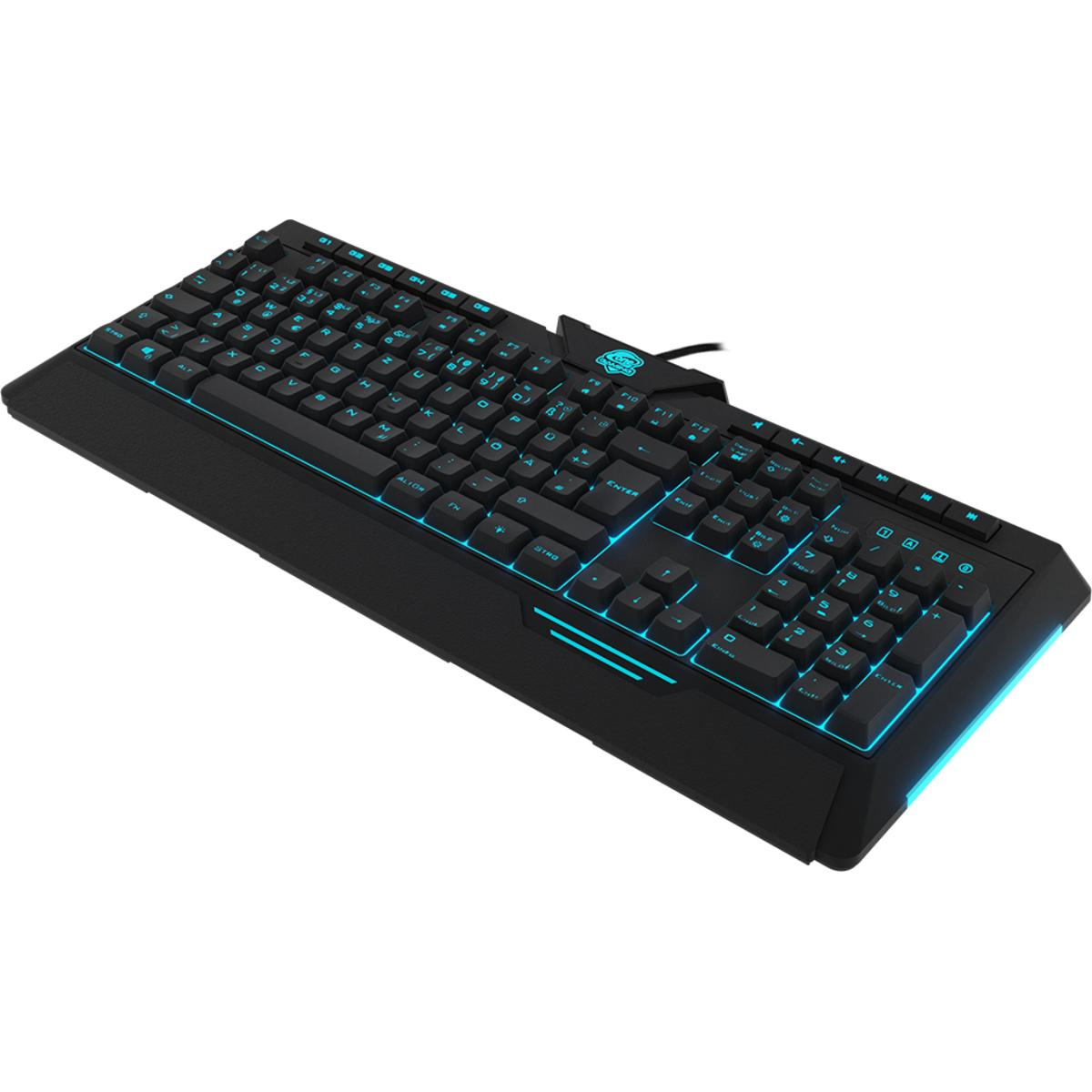 Eine schwarze Gaming-Tastatur mit blau beleuchteten Tasten. Sie hat einen Ziffernblock und einen schwarzen Sockel.