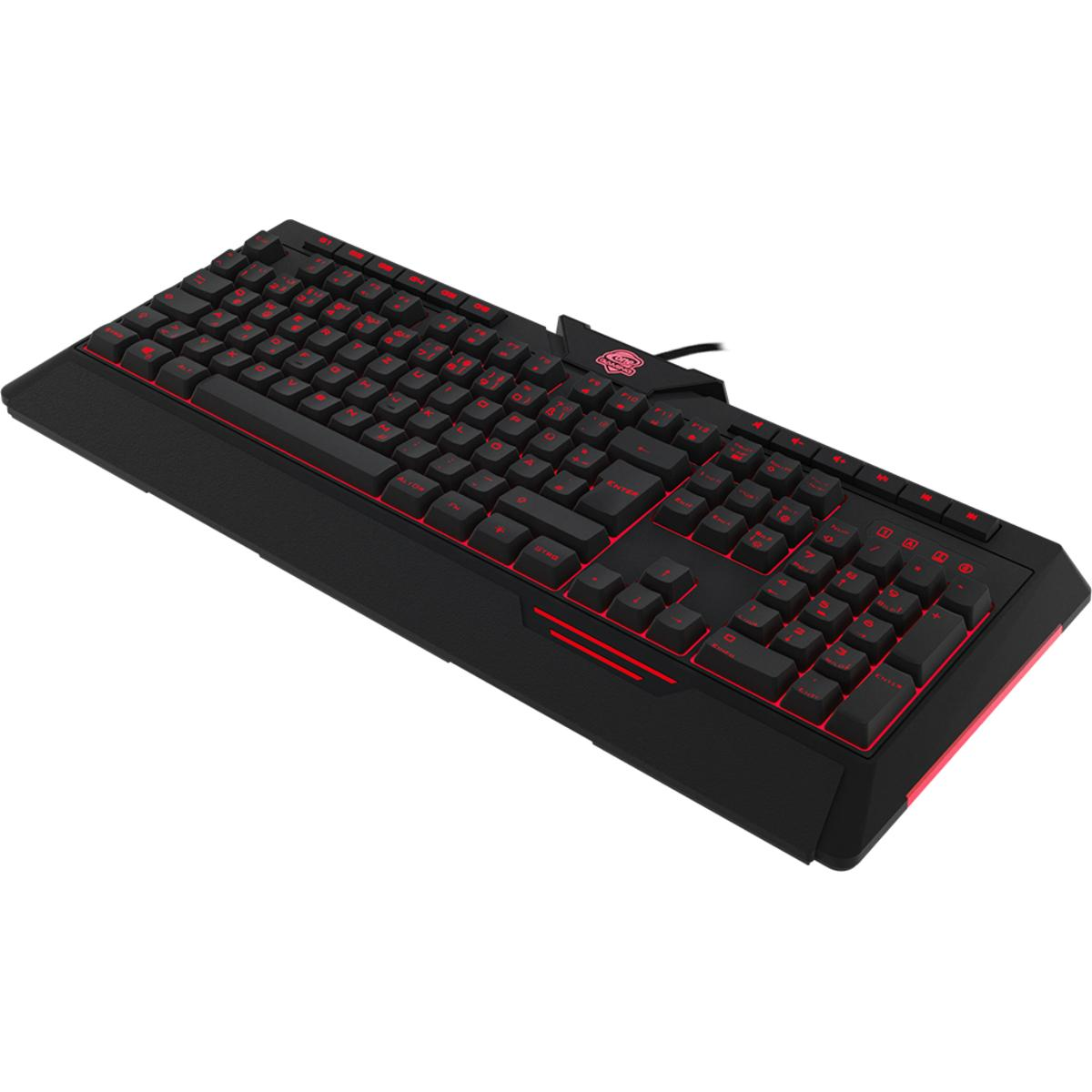 Eine schwarze Gaming-Tastatur mit rot beleuchteten Tasten und Akzenten. Die Tastatur liegt auf weißem Hintergrund.