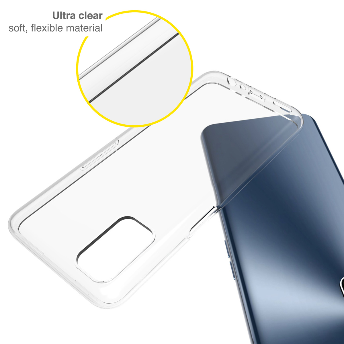 Custodia trasparente per telefono, con un telefono blu all'interno. Testo: Ultra trasparente, materiale morbido e flessibile.