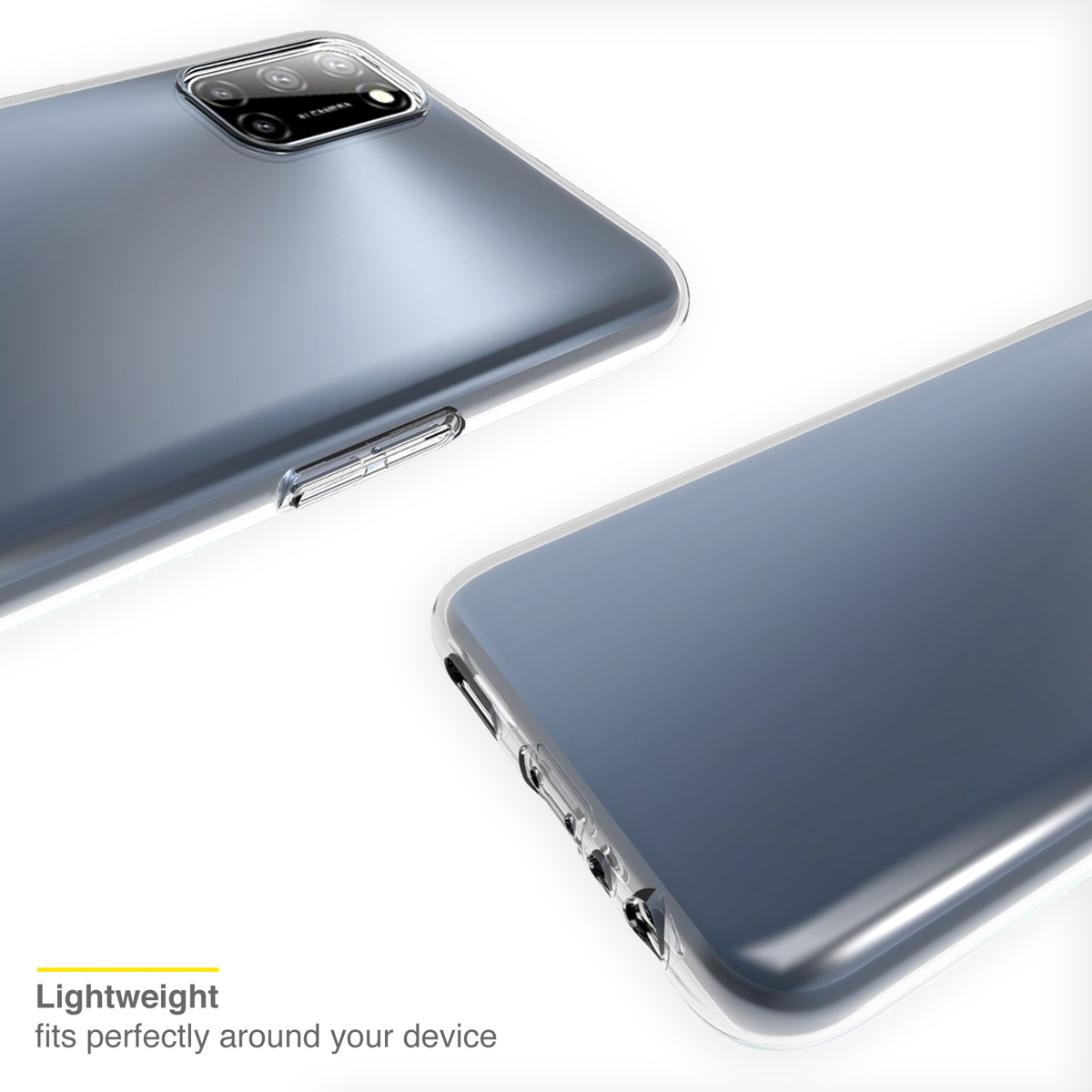 Telefoonhoesjes. Twee transparante telefoonhoesjes, die de achterkant van de telefoon laten zien.