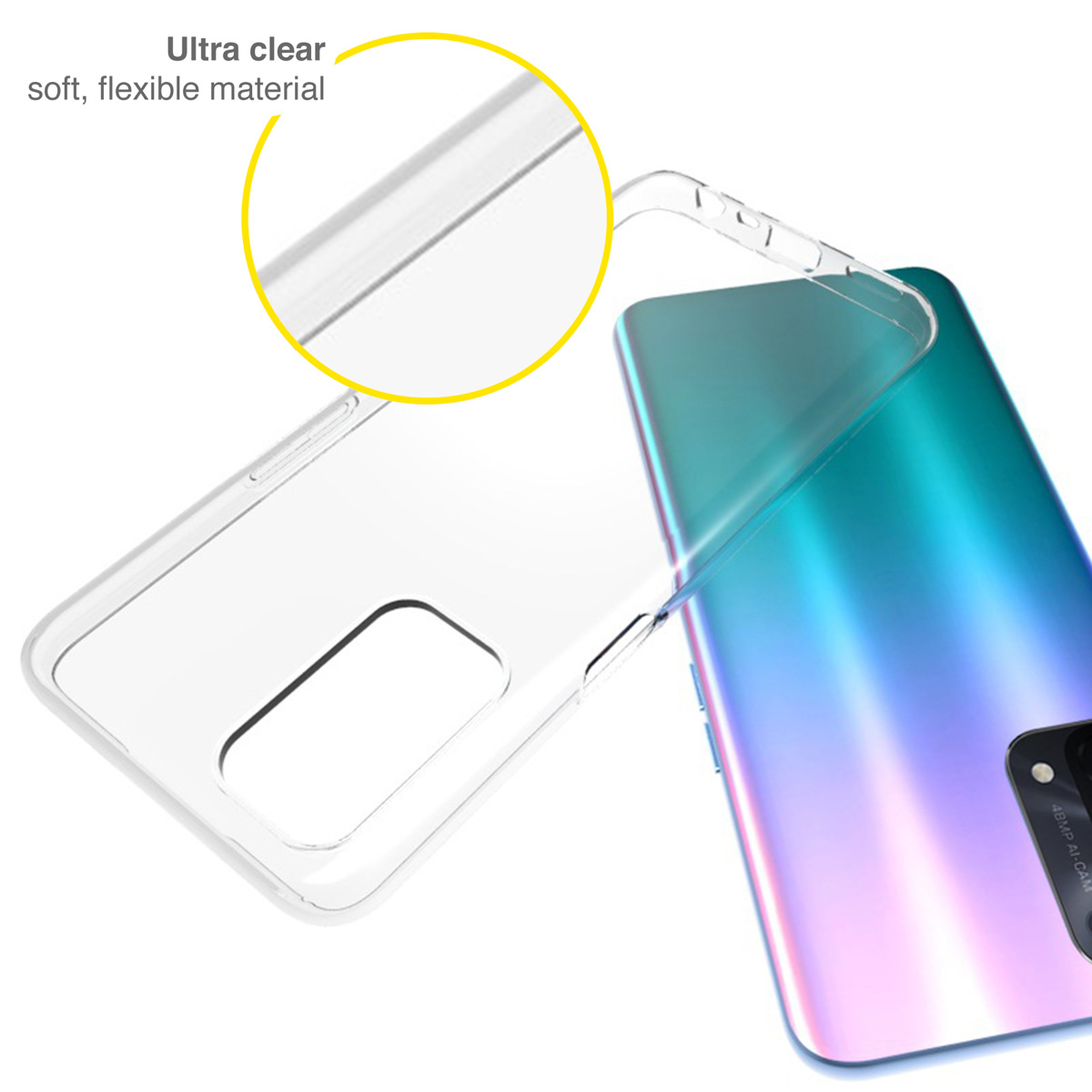 Przezroczyste etui na telefonie, z bliskim ujęciem krawędzi etui.