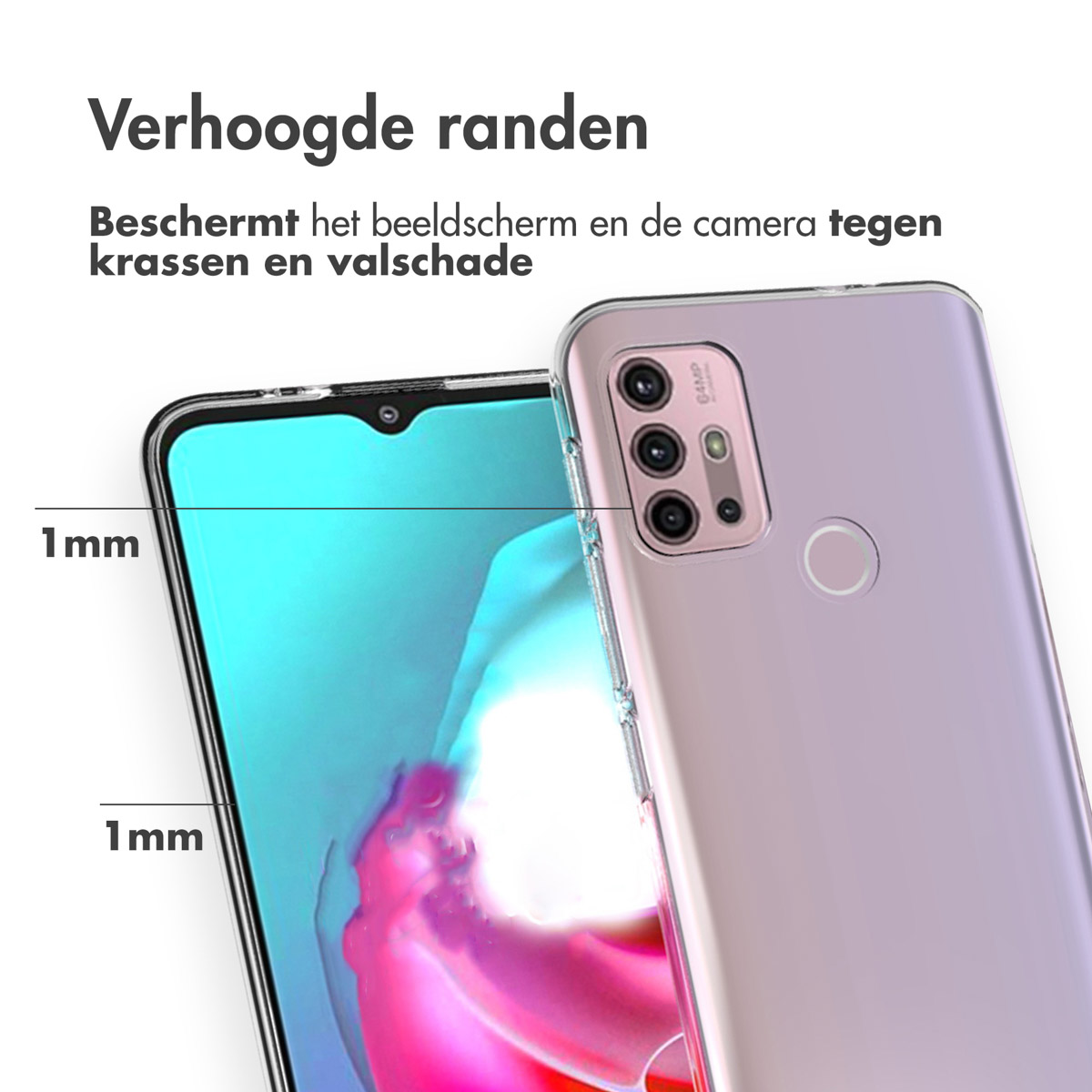 Close-up van een doorzichtige telefoonhoes die een roze telefoon beschermt. Tekst over scherm- en camerabescherming.