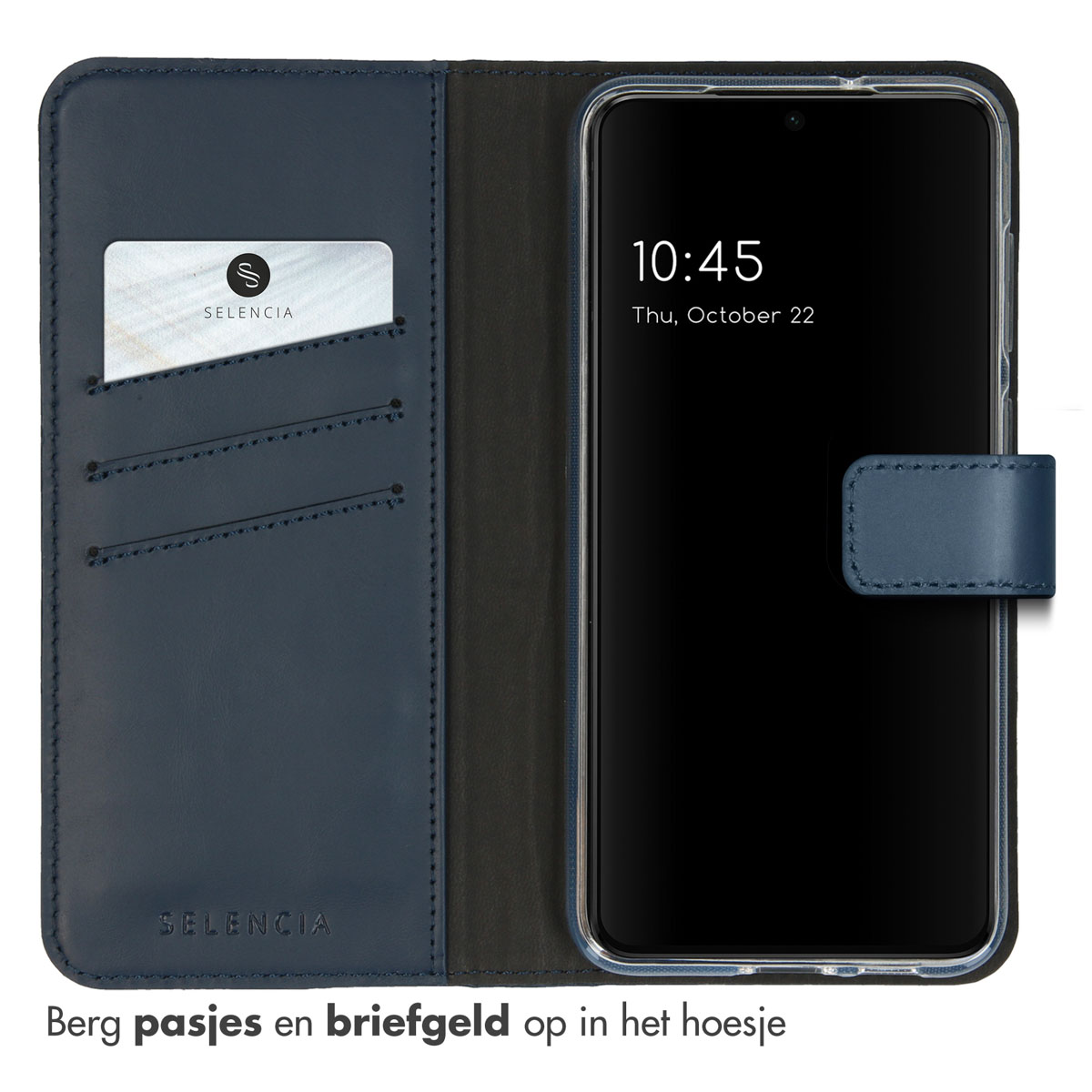 Een blauwe telefoonhoes geopend, met een telefoon en kaartsleuven, met het woord SELENCIA zichtbaar.