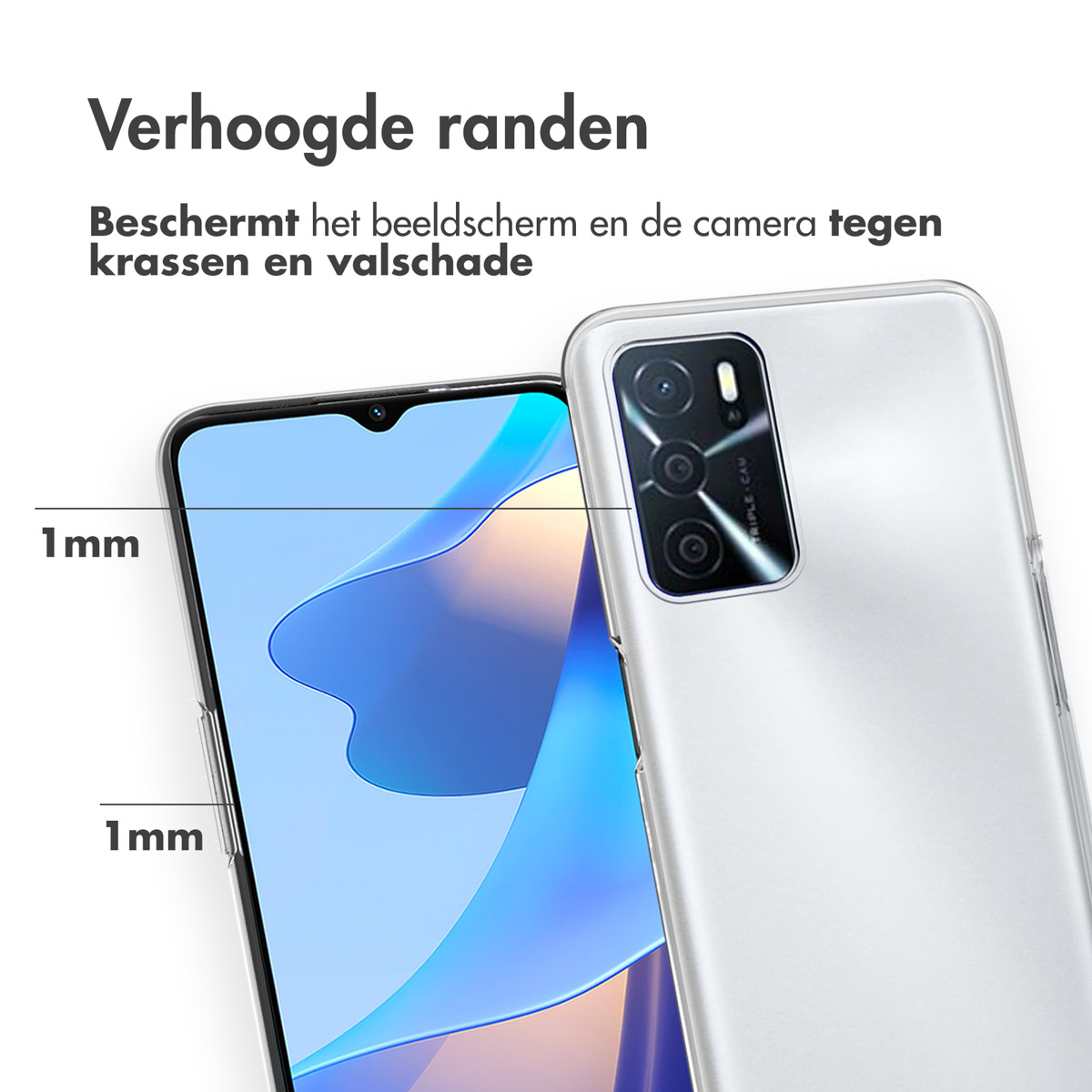 Téléphone dans un étui transparent. L'étui protège l'écran et l'appareil photo. 1 mm d'épaisseur. Téléphone argenté.