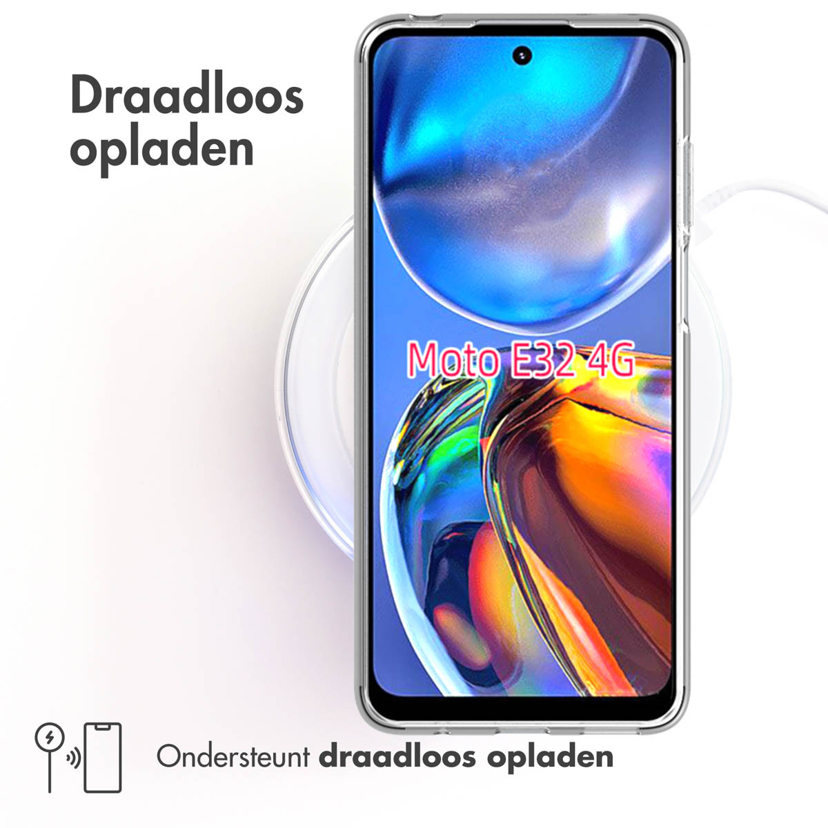 Téléphone sur un chargeur sans fil. Le téléphone affiche 'Moto E32-4G'. Le texte indique 'prend en charge la recharge sans fil'.