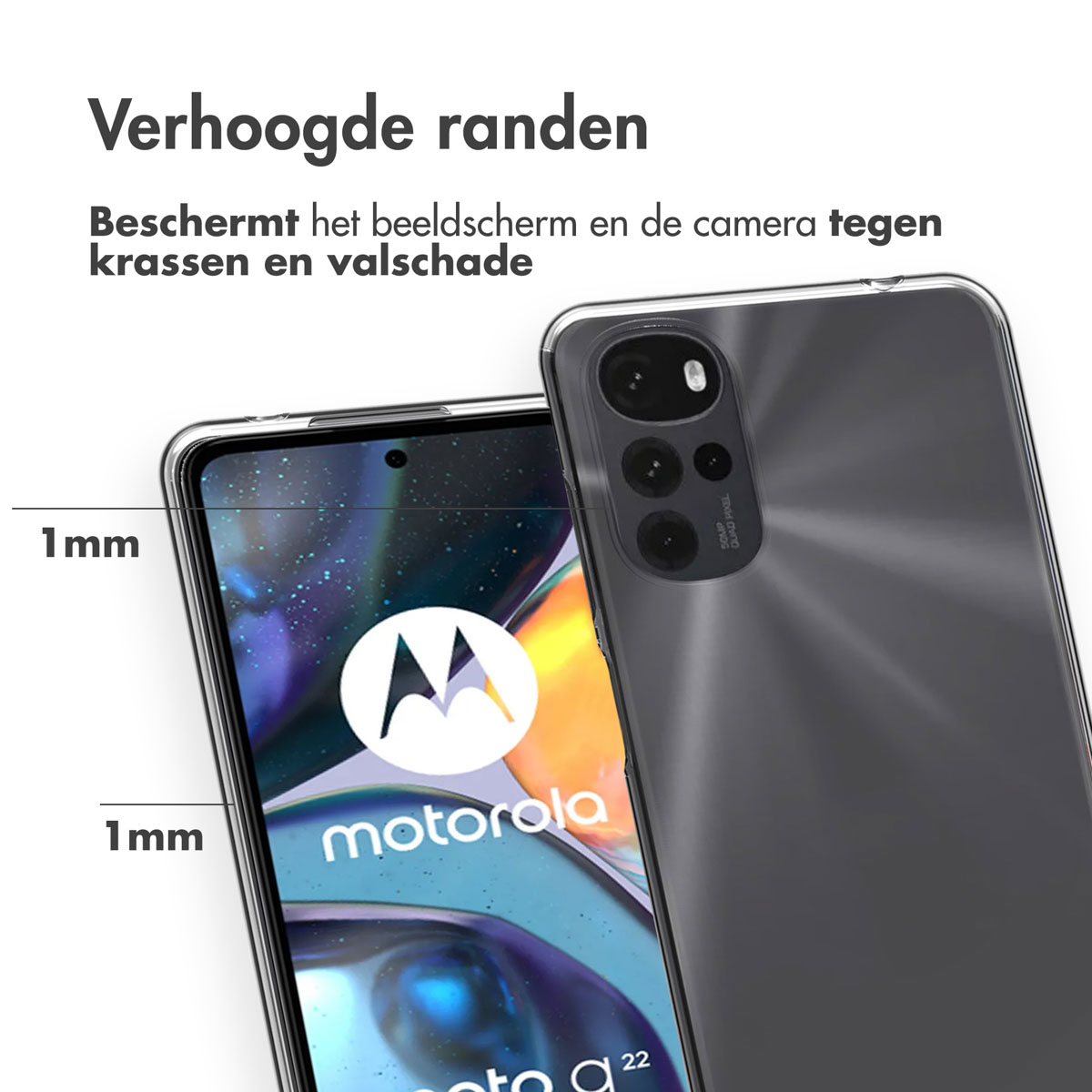 Téléphone avec coque transparente. La coque a des bords surélevés pour protéger l'écran. Le téléphone est gris. La coque est transparente.