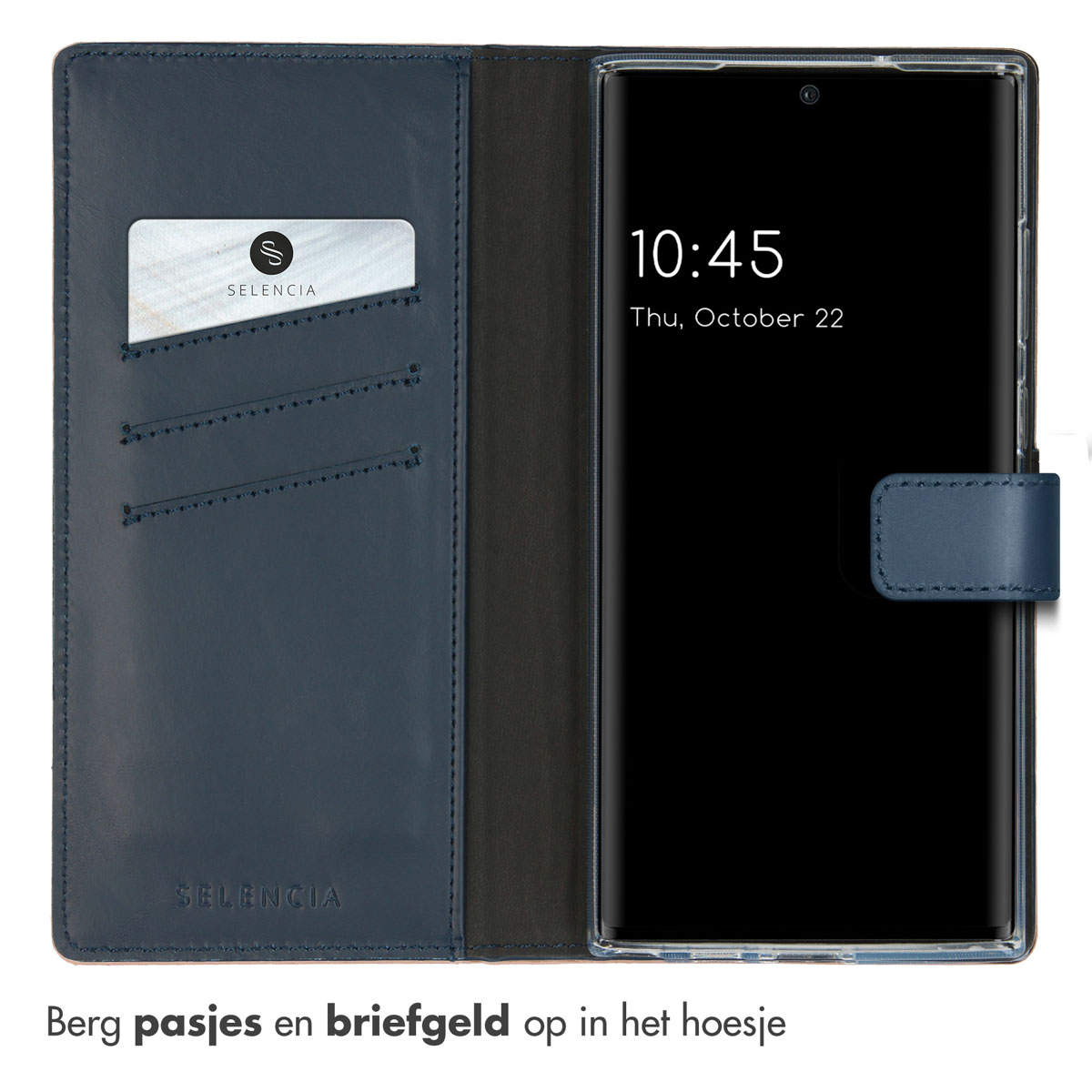 Étui de téléphone bleu avec une carte et un téléphone à l'intérieur. Texte : 'Rangez les passes et l'argent dans l'étui'.
