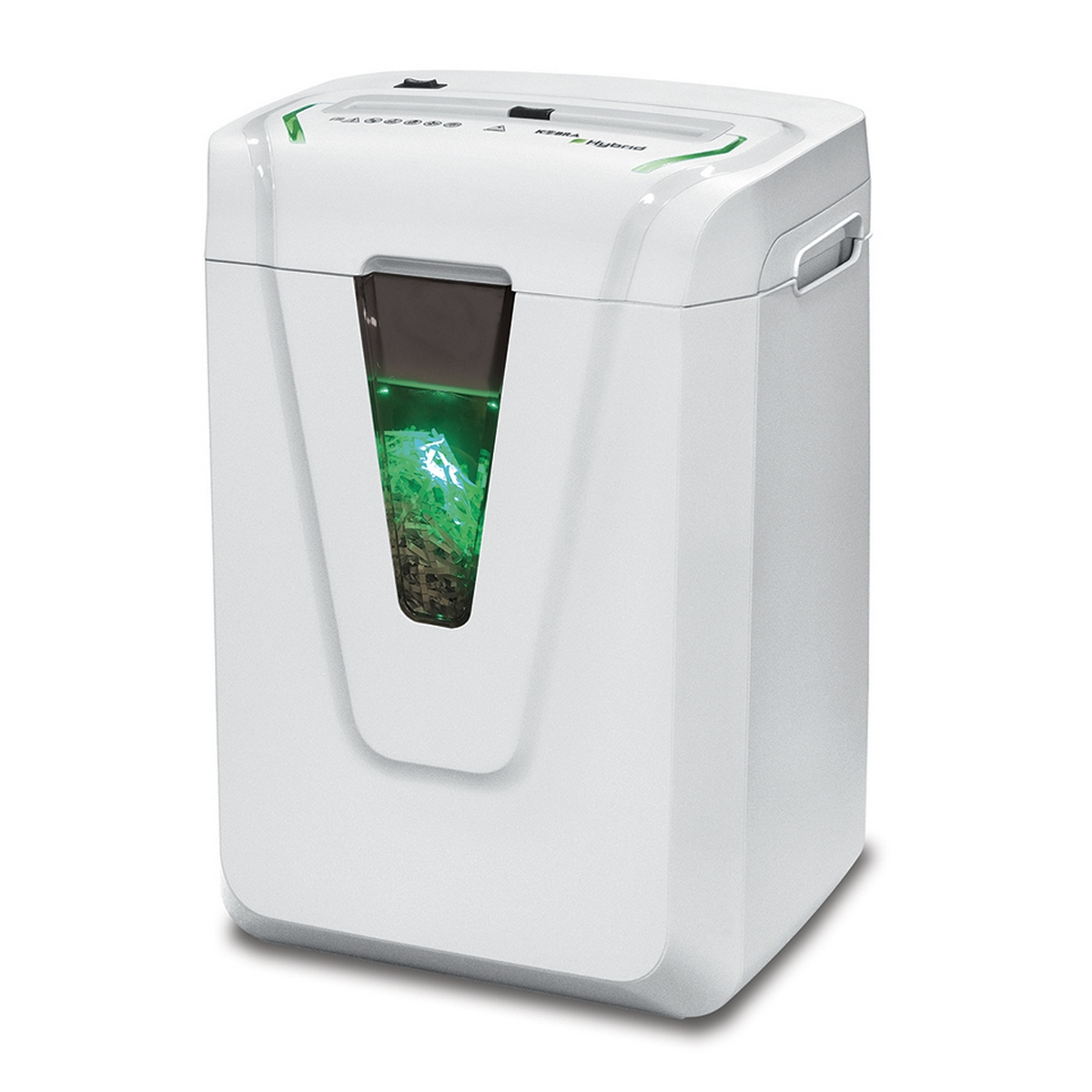 Tritacarte bianco con finestra che mostra carta sminuzzata illuminata di verde.