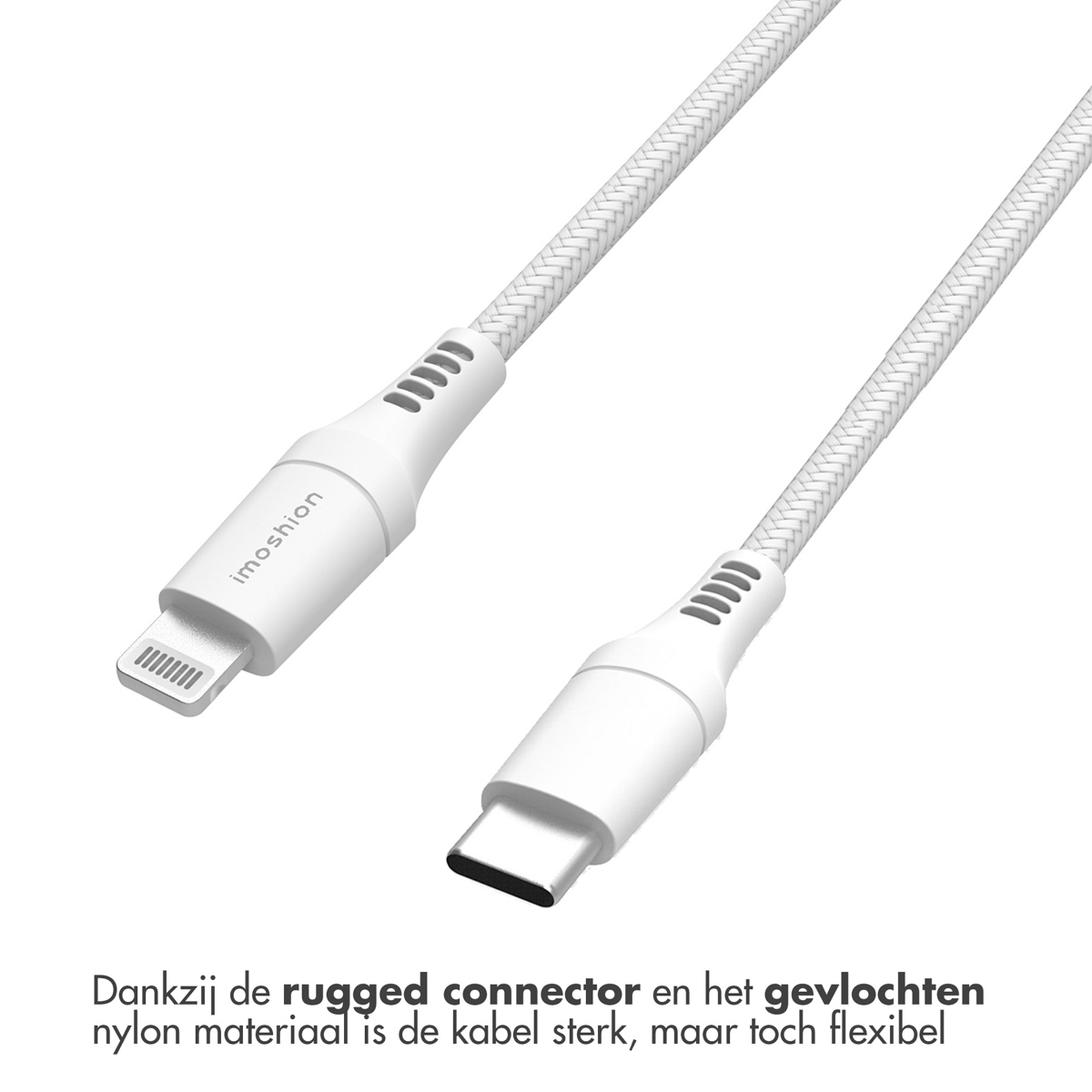 Câble USB-C et Lightning blanc, fond blanc. Logo Imoshion visible aux deux extrémités.